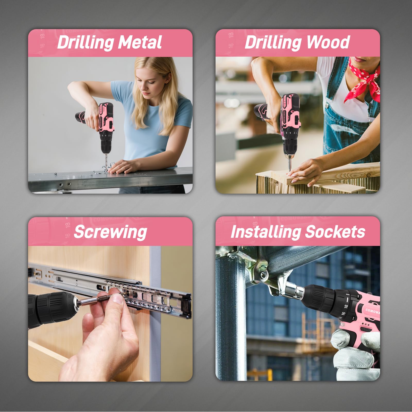 COMOWARE Kit di attrezzi per la casa con trapano rosa, 195 pezzi, kit di utensili per la casa con trapano elettrico senza fili da 12 V, set di utensili per la riparazione domestica con custodia per le