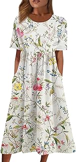 Summer Dresses for Women 2025 Casual Short Sleeve Scoop Neck Print Swing Beach Boho Tshirt Dress with Pockets - Buy now