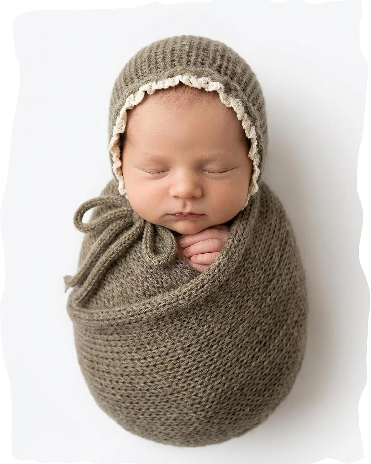 Newborn Photography Props Wraps & Ruffle Edge Bonnet for Infant Baby Boy Girl, Knit Swaddle for Photo Shoot Outfits (White)