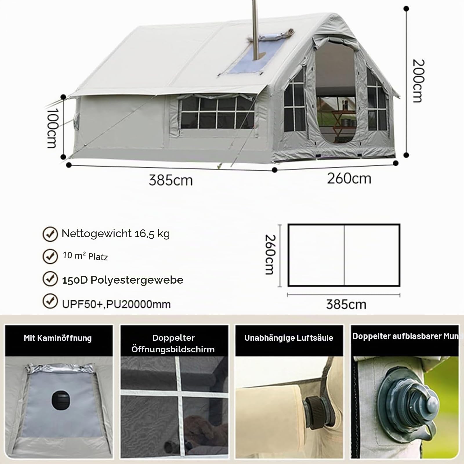 Winter Aufblasbares Zelt Haus XXL, Familienzelt Aufblasbar 6-8personen, Luftzelt Aufblasbar Camping Mit Pumpe, 4-Saison Pop Up Air Tent Zelt Groß XXL Outdoor Mit Kaminöffnung