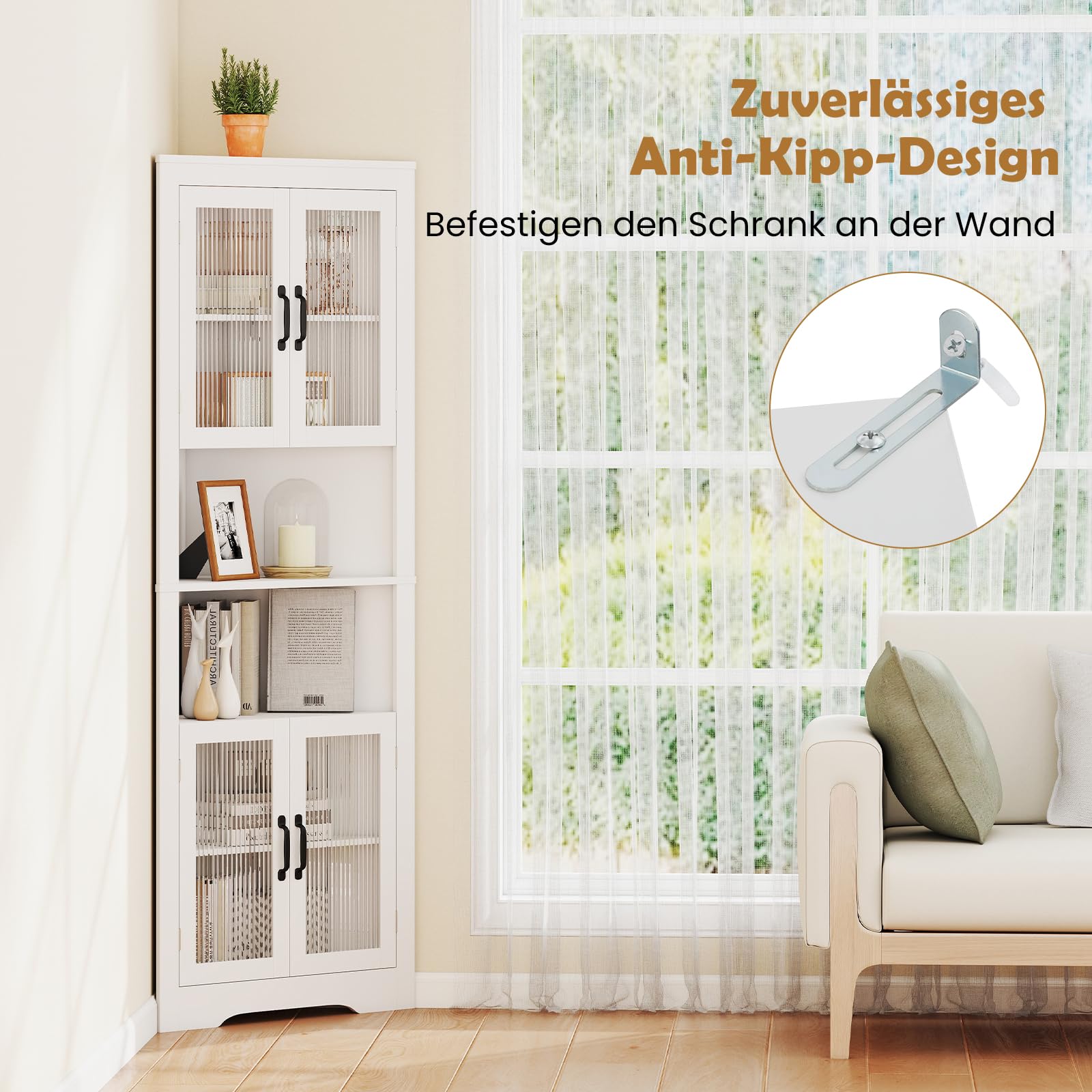 GOPLUS 6-stufiger Eckschrank, 171 cm hohe Badezimmerschrank schmal mit 4 Türen, dreieckiger Hochschrank mit verstellbaren Regale, Mehrzweckschrank, Eckvitrine für Badezimmer, Wohnzimmer, Flur & Küche