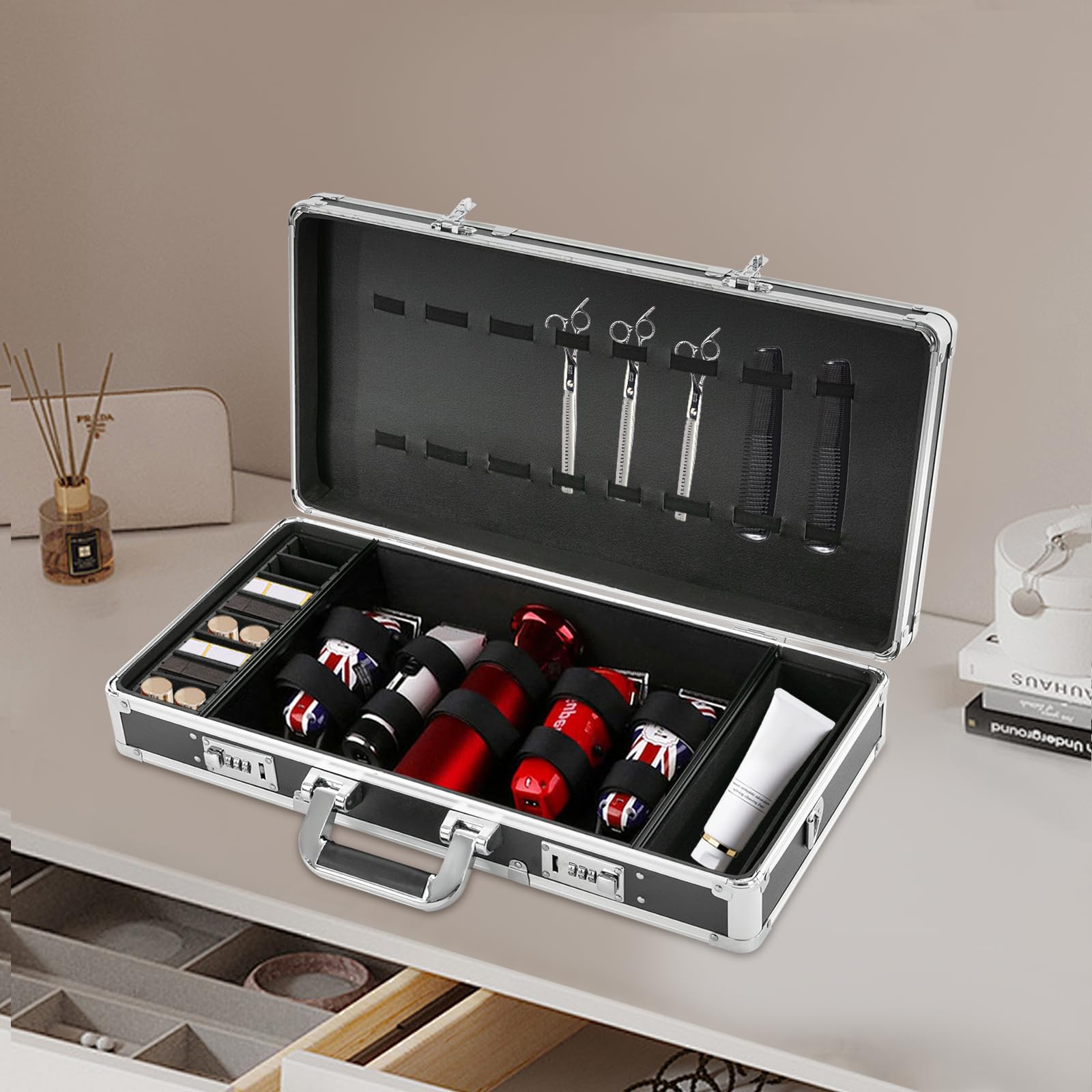Friseurtaschen mit Schulterriemen Barber-Tragetasche Salon Tool Tragekoffer Haarschneider Werkzeugtasche für Organisieren Tragetasche Friseursalon Werkzeug 55 * 27 * 11cm (Silber)