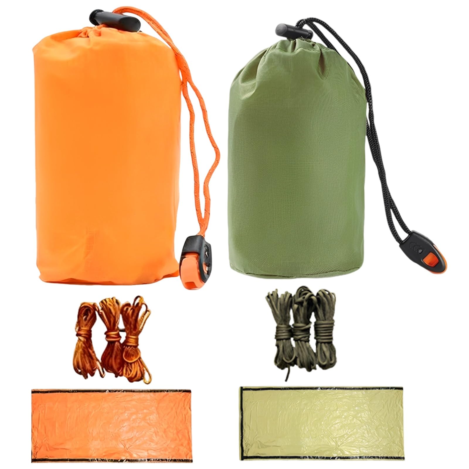 2 Sets Notfallzelt, Survival-Zelt, 240 x 150 cm, leichtes PE Outdoor-Zelt, Notfall-Schlafsack, mit Seilen, für Camping, Survival, Katastrophenhilfe, tragbar, grün und orange