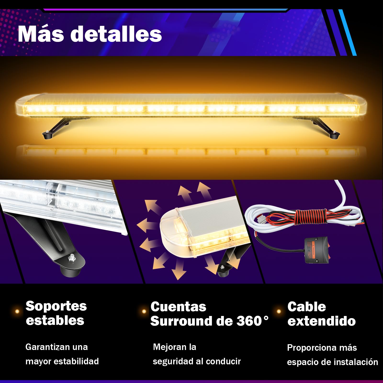 Luz LED de advertencia intermitente de 130 cm – 96 ledes 3000 K 3000 K barra de luz para coche 12 – 24 V intermitente de emergencia, quitanieves, barra de luz IP65 con cable de 3,8 m