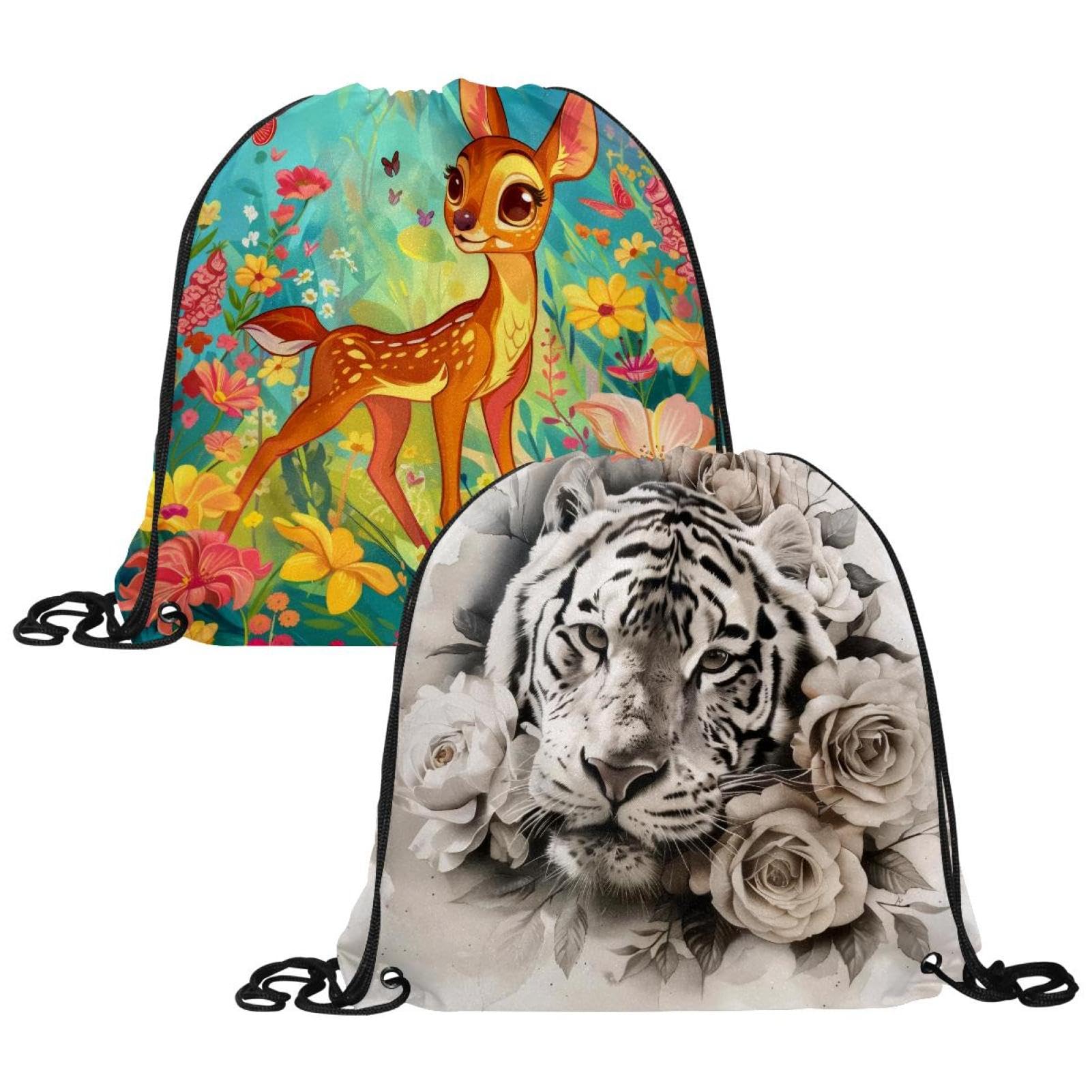 2 Pcs Drawstring Bags, Flower Tiger Swim PE Bags Drawstring Gym Bag for Kids Adults String Swimming Sports Backpack for School Sports Swimming Gym Travel