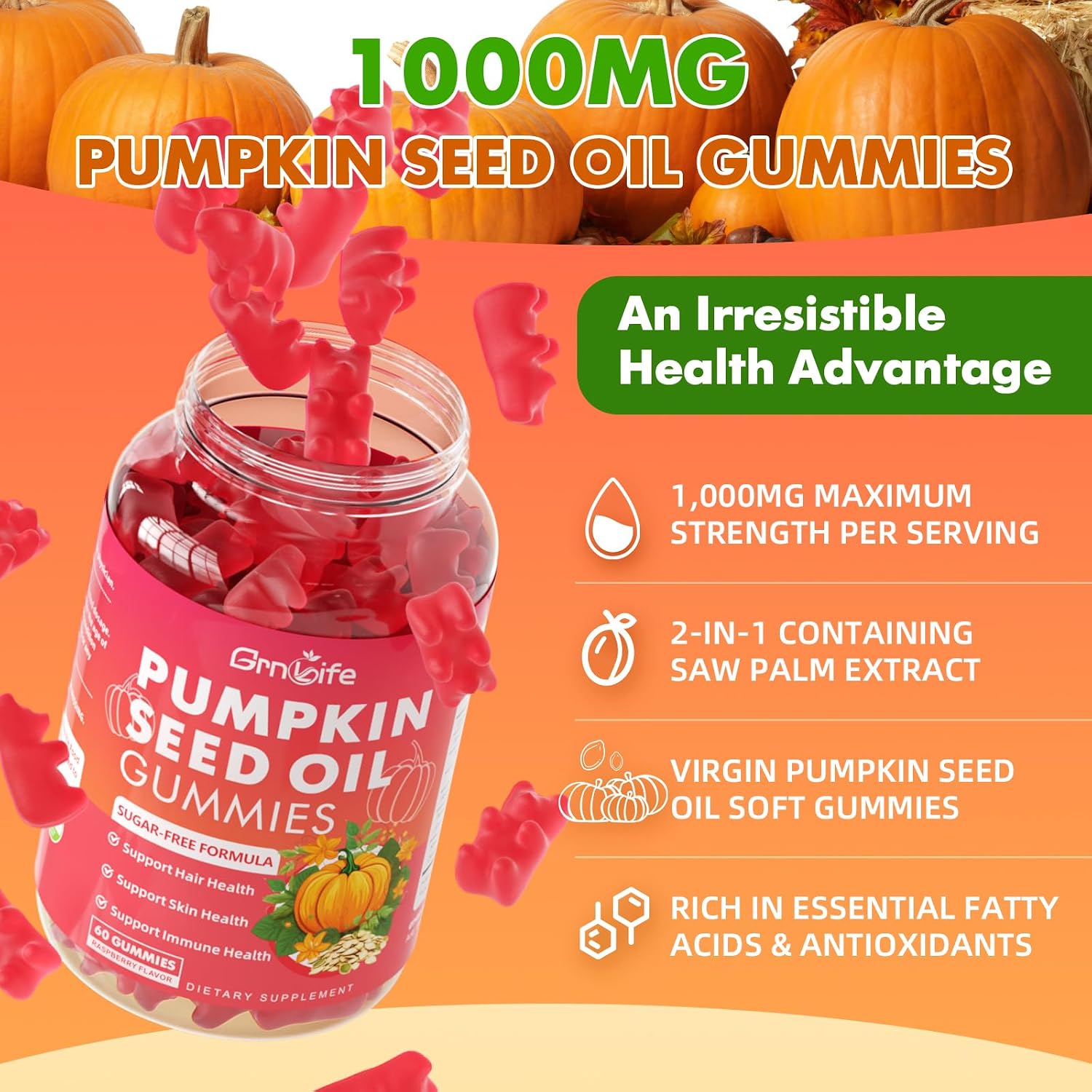 2 Pack Pumpkin Seed Oil Gummies with Saw Palmetto, Organic Pumpkin Seed Oil Supplement, High Pure Extract for Women Men, Raspberry Flavor, 120 Count