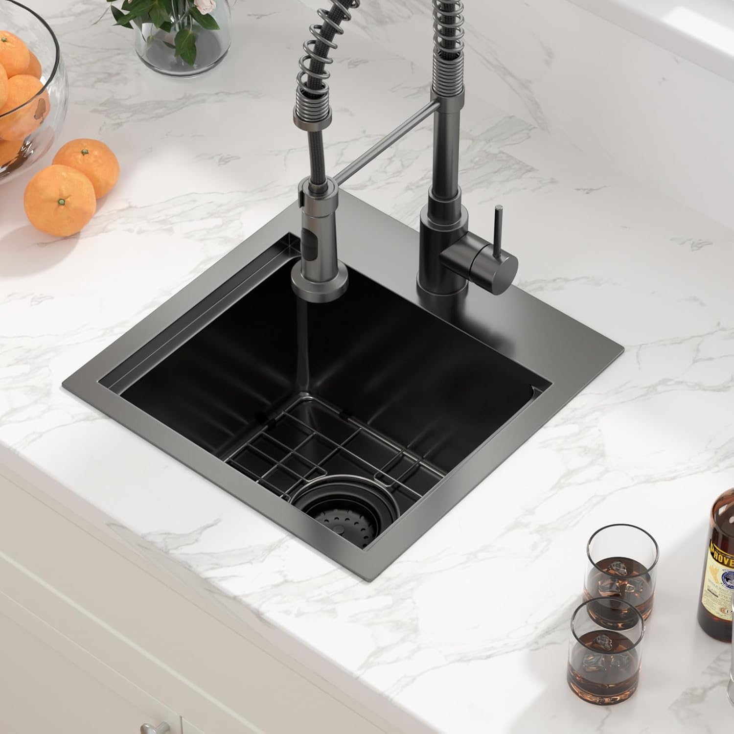 Sarlai Drop Bar Sink -15 Inch Black Outdoor Kitchen Sink Gunmetal Black Drop In Workstation 15 x 15 Topmount Stainless Steel 16 Gauge Single Bowl Kitchen Bar Prep RV Outdoor Sinks Basin