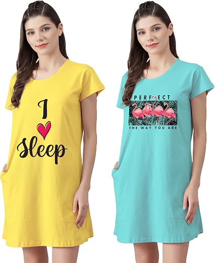 Fflirtygo Women’s Cotton Nighty | Printed Knee Length Night Gown |Relaxed Fit Nightwear |Short Nightdress| Long T-Shirt | ...