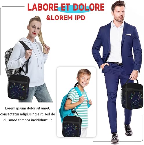Miniatura 7 de Bolsa de almuerzo estilizada con estampado de ajolote arcoíris con aislamiento para mantener el calor/fresco, bolsa de almuerzo reutilizable portátil