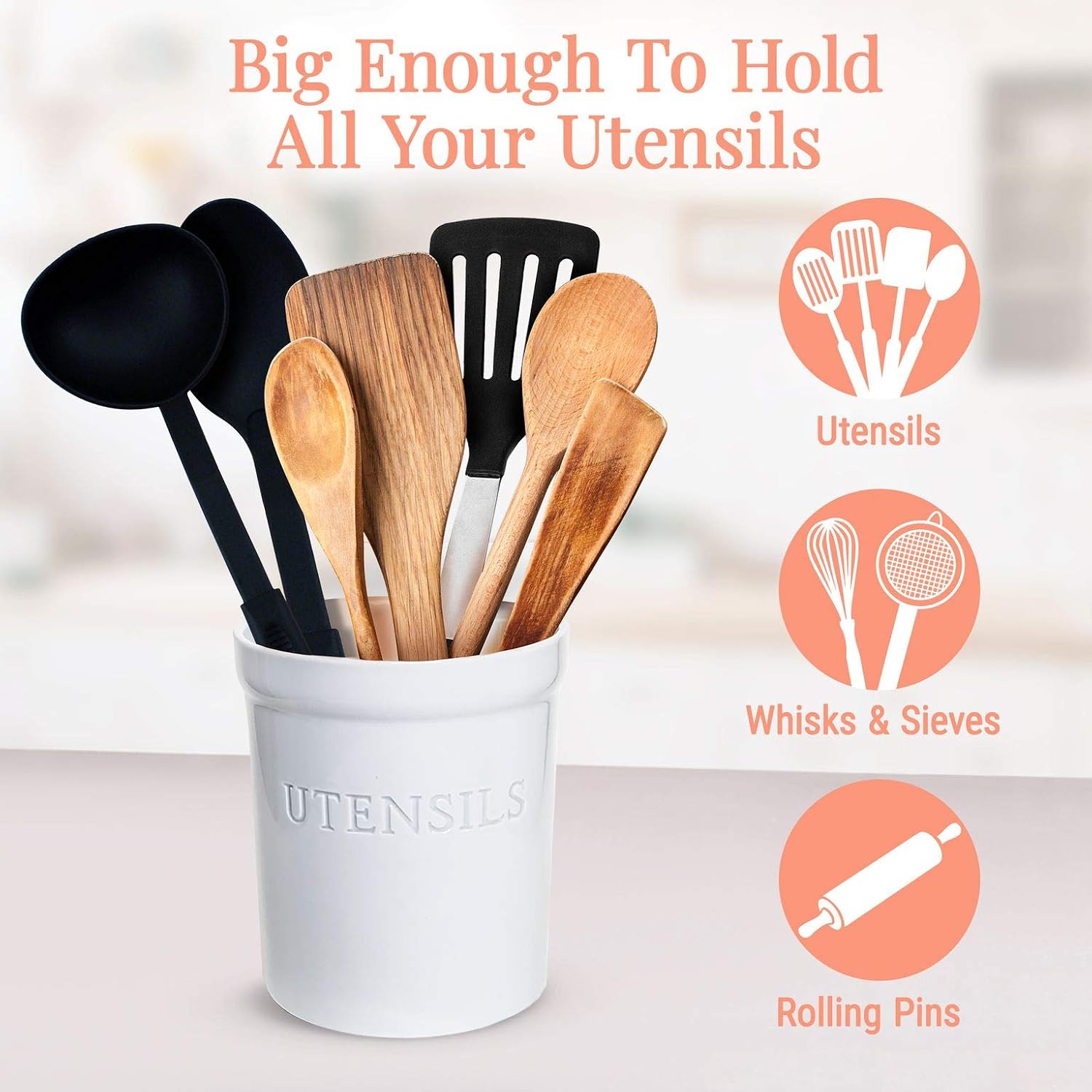 PriorityChef Kitchen Utensil Holder for Countertop, Heavy Ceramic Utensils Caddy, Large Spatula Organizer Utensil Crock - White