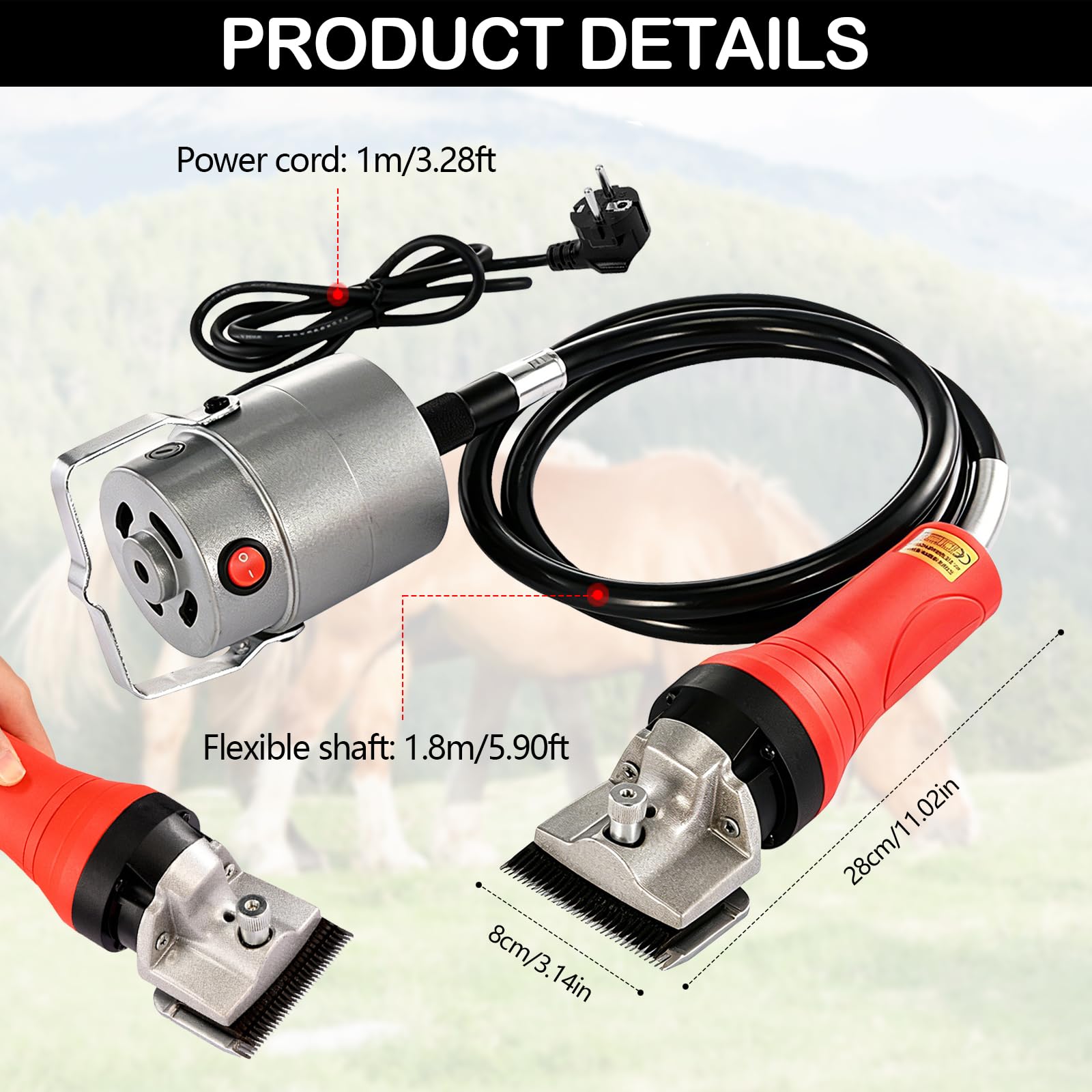 Esquiladora para Caballos Profesional, 690W 2800 RPM Cortapelos Eléctrica de Alta Potencia con Motor Colgante y Eje Flexible Juego de Cuchillas de 24 Dientes Maquinilla para Equinos Ponis Cabras