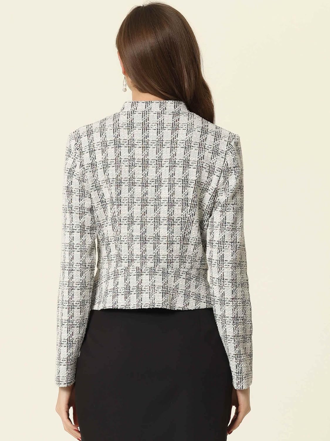 Allegra K Vintage Tweed Jackets for Women's Stand Collar Business Open Front Cropped Blazer Jacket - Image 3