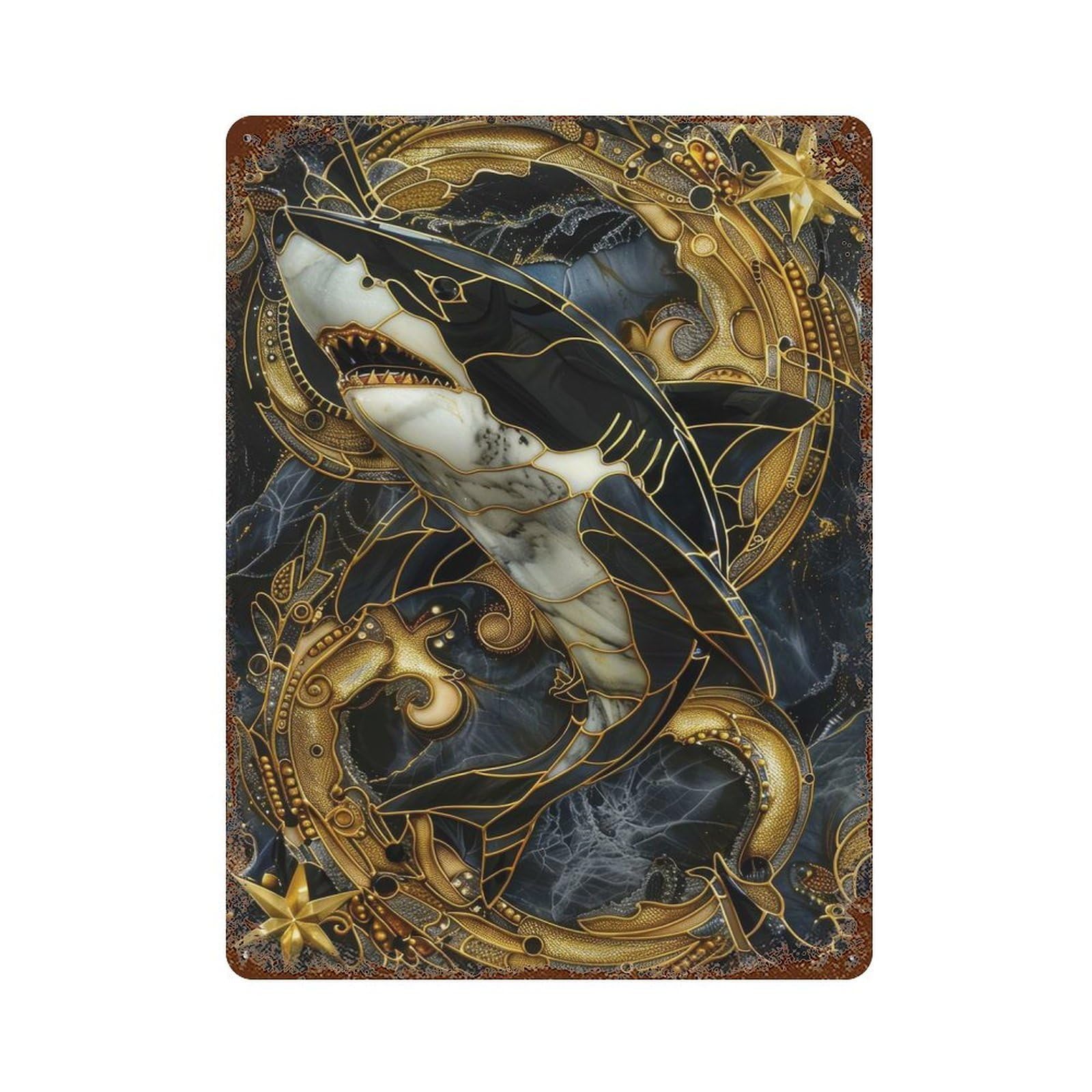 Garage Style Kintsugi Shark Aged Metal Wall Plaque 15.7"x11.8", Farmhouse Wall Decor for Bar And Workshop
