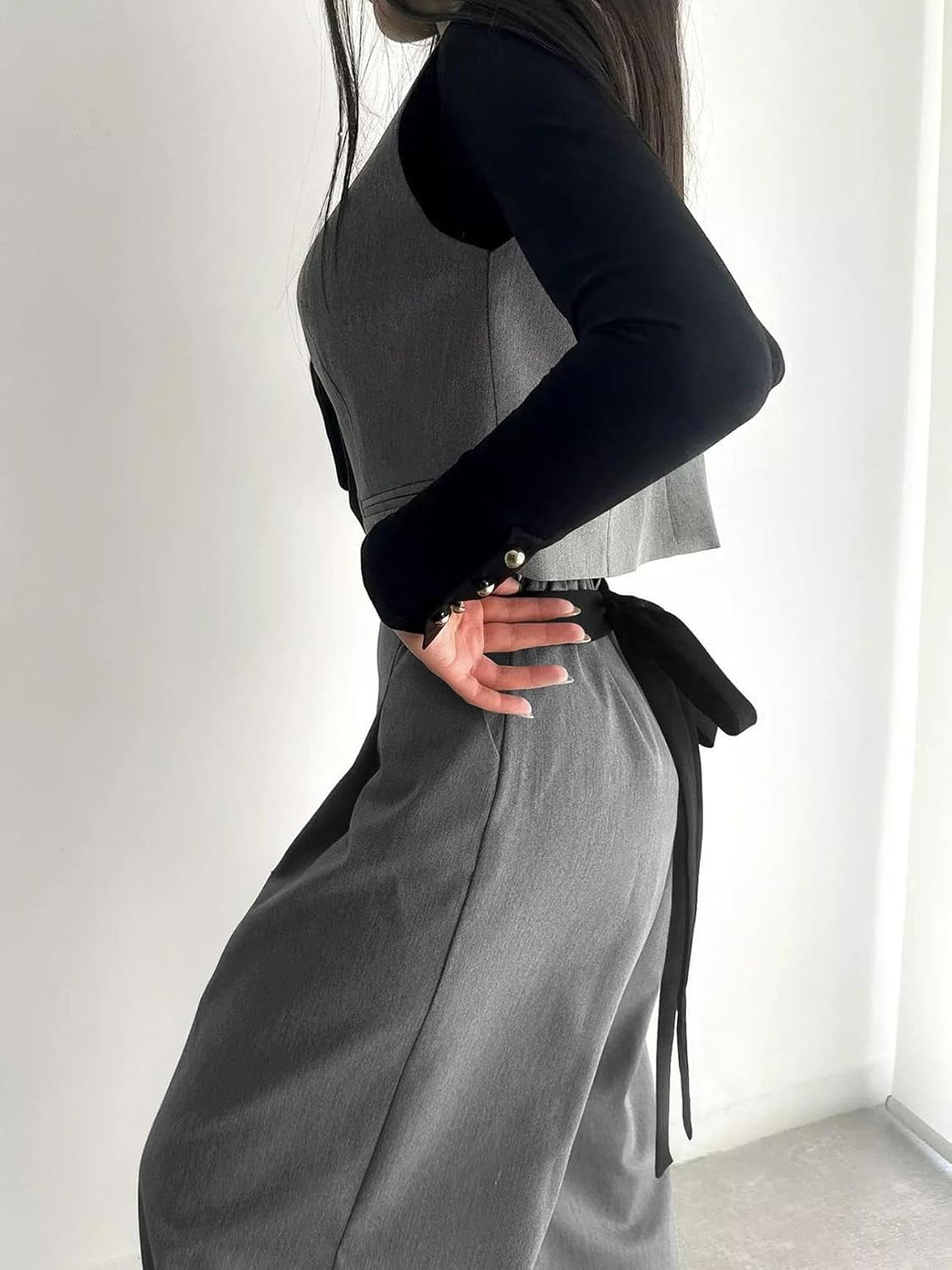 Women's Wide Leg Pants with Pockets High Waisted Casual Loose Tie Knot Business Trousers Pants Grey