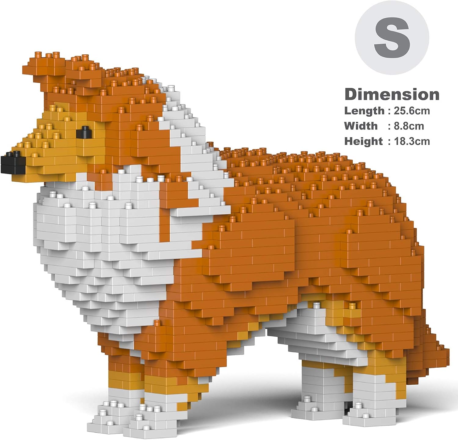 JEKCA Shetland Sheepdog model with dimensions: Length 25.6cm, Width 8.8cm, Height 18.3cm.