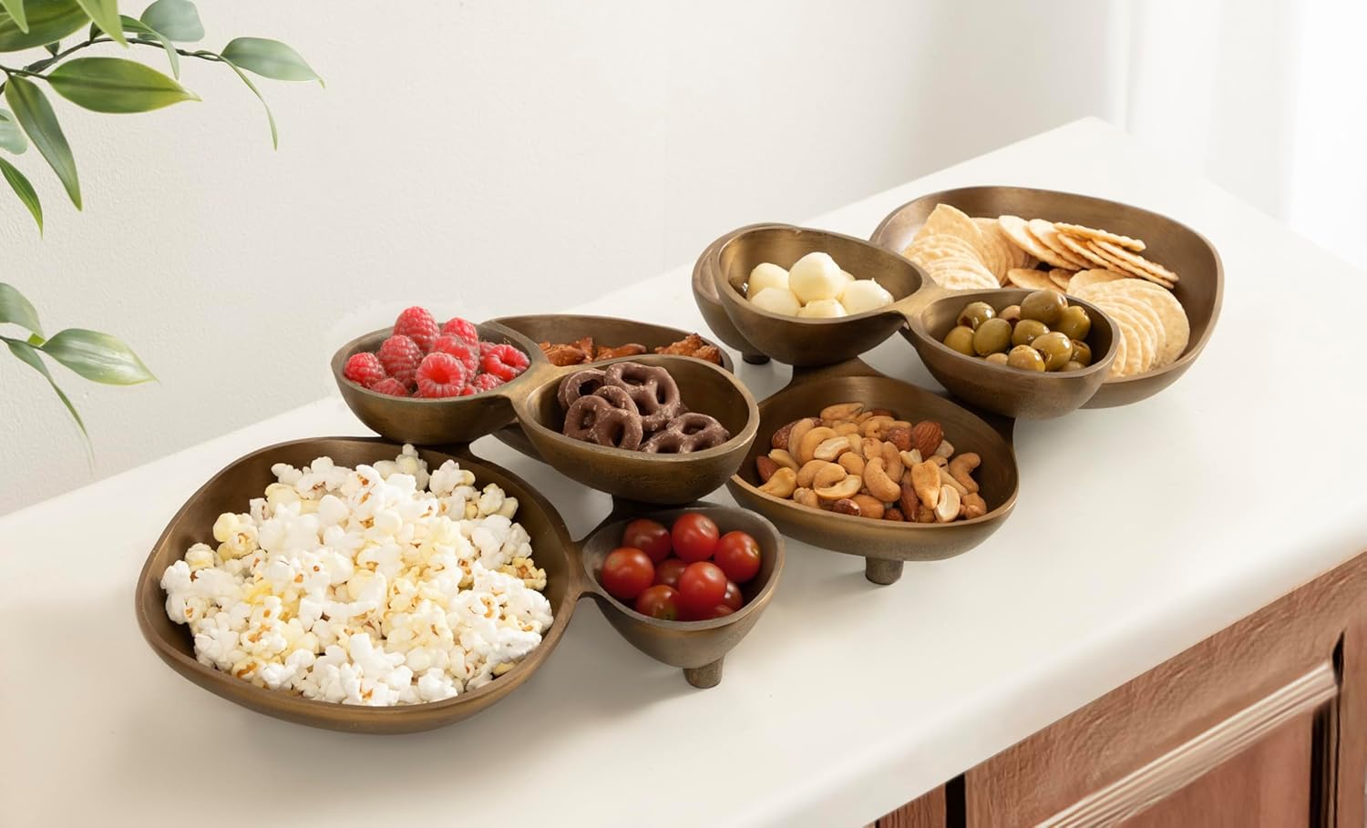 Kate and Laurel Cluso Modern Metal Tabletop Footed Cluster Tray, 14 x 10, Antique Brass, Sculptural Cast Aluminum Food-Safe Tray for Kitchen or Entryway Decor