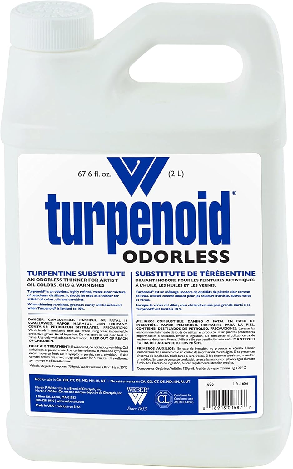 Weber Odorless Turpenoid, Artist Paint Thinner and Cleaner, 2 Liters
