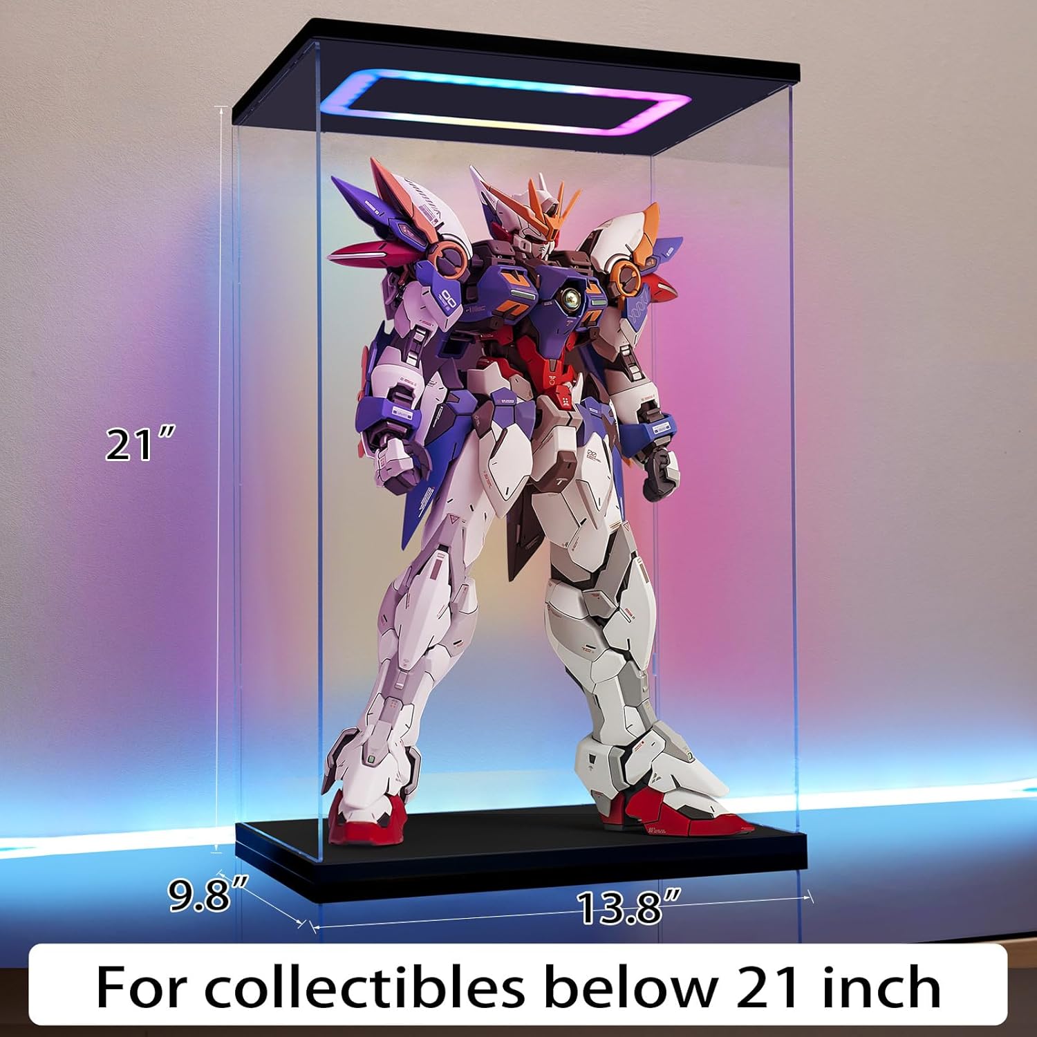 Clear Acrylic Display Case with Light for Gundam Display, Multiple Color Lights Dustproof Protection Display Box for Collectibles Action Figures（14×10×21inch）