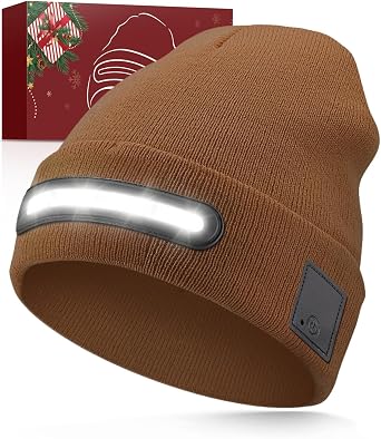 Unisex Beanie with LED Light, Winter Gifts for Men Dad Father Husband Him USB Rechargeable Caps Brown