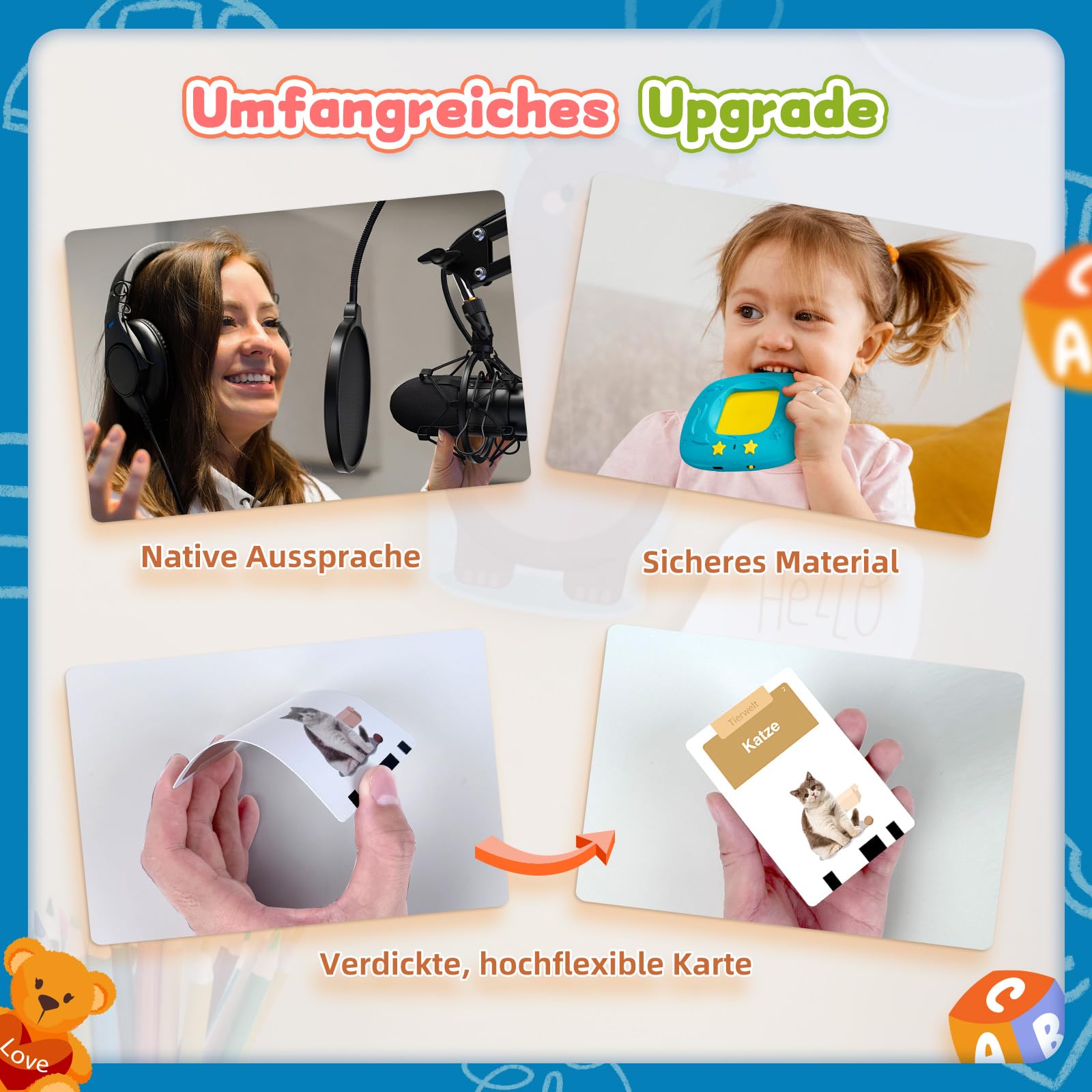 HOMESTEC Spielzeug ab 2 jahre - Deutsche Sprechende Lernkarten 144 Blätter 288 Wörter, Learnspielzeug für Kind im Vorschulalter 2 3 4 5 Jahre, Geschenke für Kinder Geburtstag, Blau