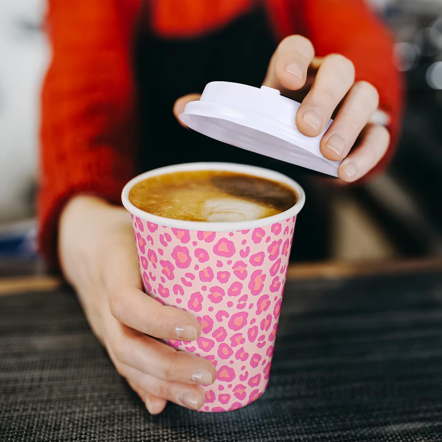 Whaline 50Pcs Leopard Hot Pink Paper Cups with Lids Pink White Paper Coffee Cups Animal Disposable Cups for Hot Drinks Cold Beverage Bridal Baby Shower Birthday Wedding Party Supplies