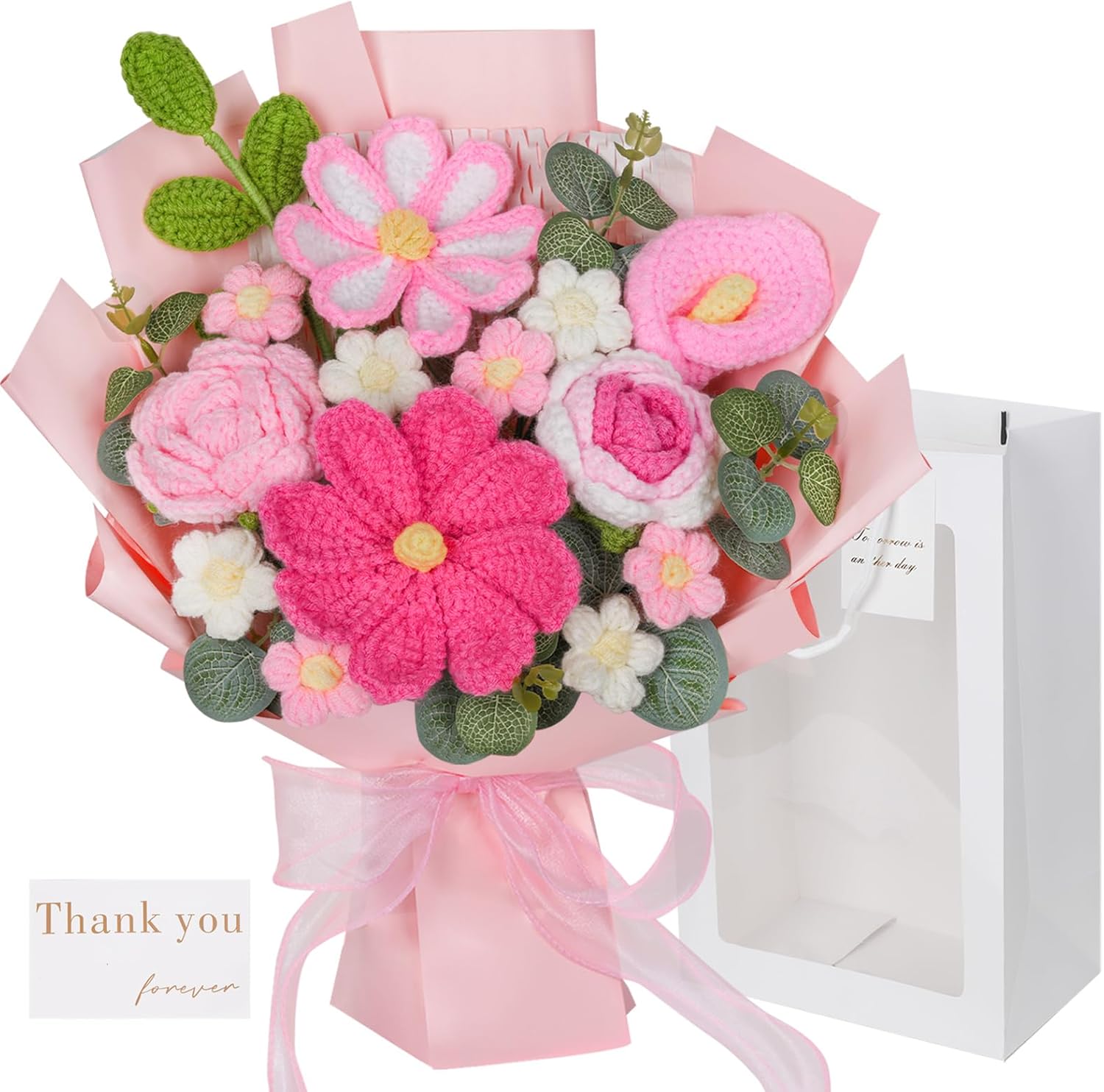 RICHMYC Crochet Flower Bouquet,Valentines Day Gifts for Her Mom 10.6in Pink Crochet Bouquet Knitted Flowers Roses Flower for Lover Anniversary Birthday Party Mother's Day Graduation