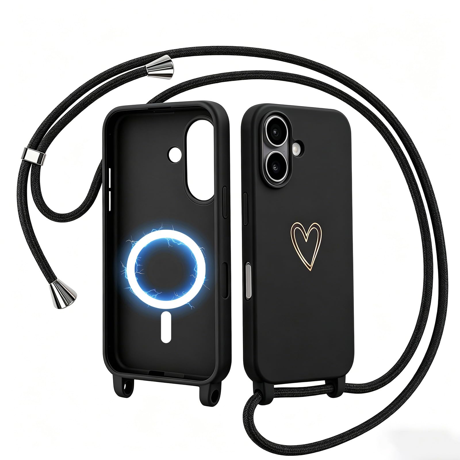 CaseLover Magnetyczne etui kompatybilne z iPhone 17 ze smyczą, sznurowane etui regulowany miękki TPU silikon etui z motywem serca odporne na wstrząsy etui ochronne na iPhone 17 6,3 cala, czarne