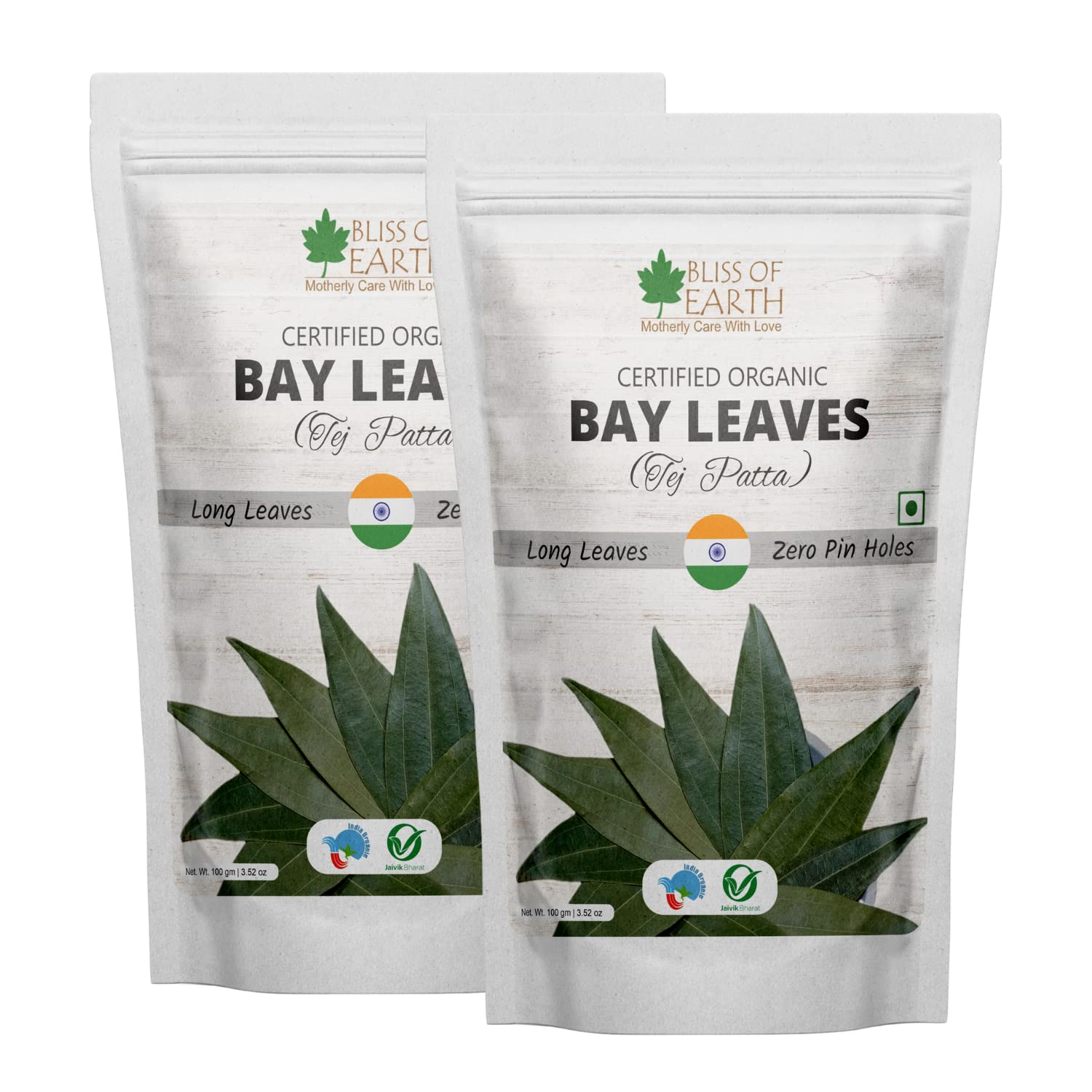 Bliss of Earth Certified Organic Indian Bay Leaves With Zero Pin Holes & Zero Dust, A1 Grade Tej Patta With Uniform Green Color, 100gm Pack of 2
