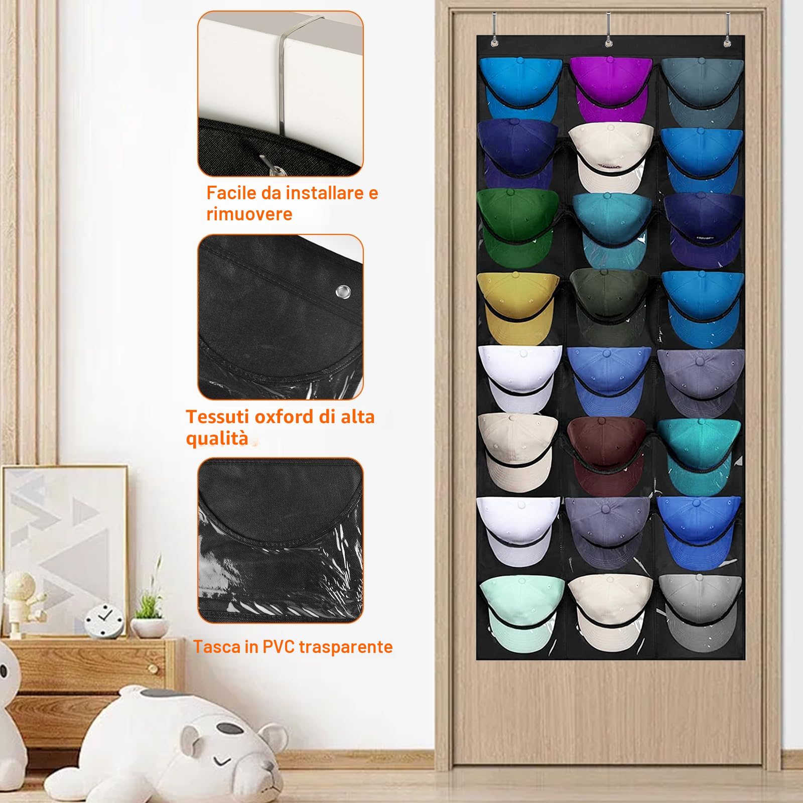 Porta Berretto,Porta Cappelli da Baseball,Portas Cappelli da Armadio con 24 Tasche,Contiene 24 Cappellis,Organizer Cappellis Sulla Portas (Nero)