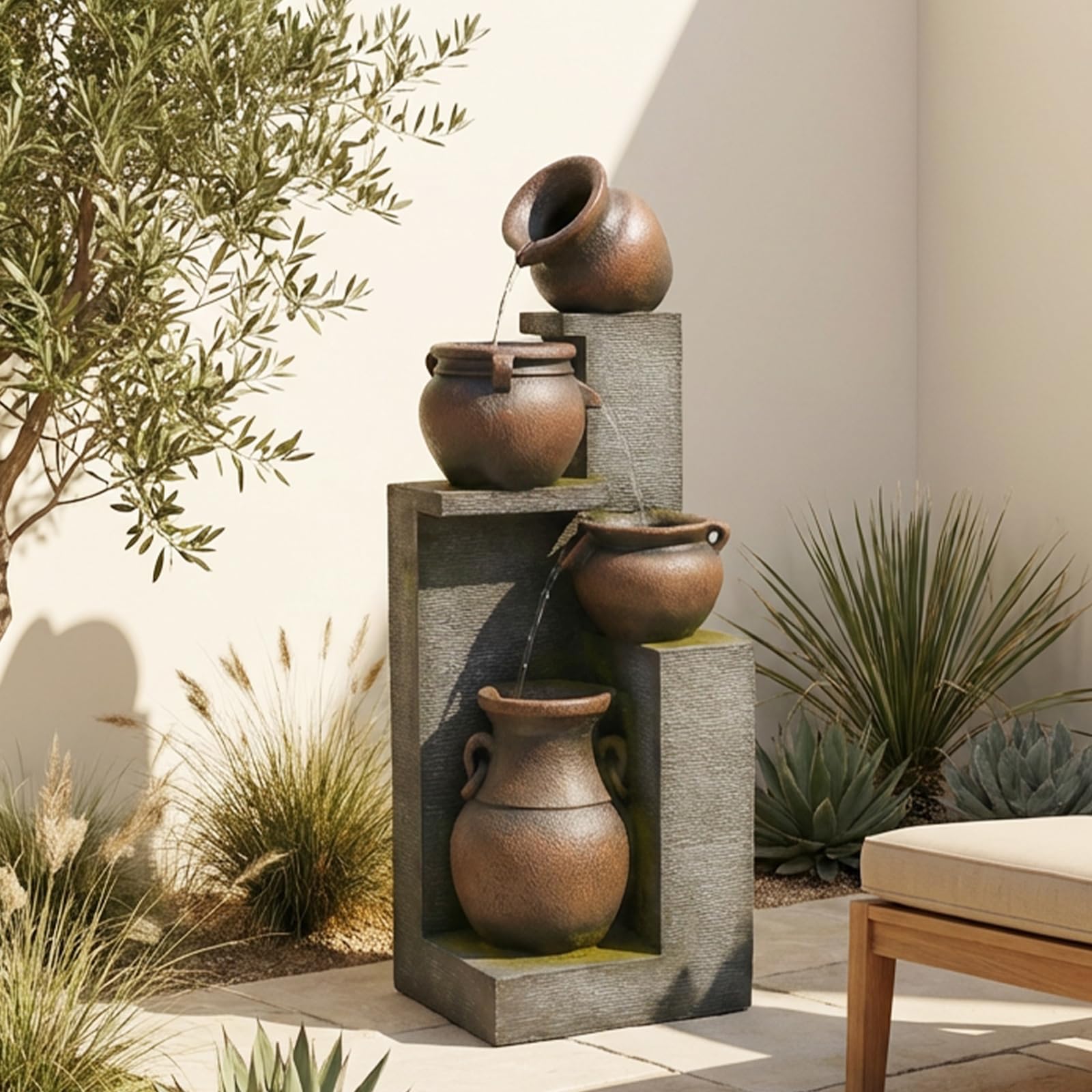 53" H Large Outdoor Water Fountain with Lights - 4 Tiered Cascading Bowls Waterfall Fountain for Garden, Patio, Backyard, Porch Inside - Freestanding Outdoor Water Feature Gold