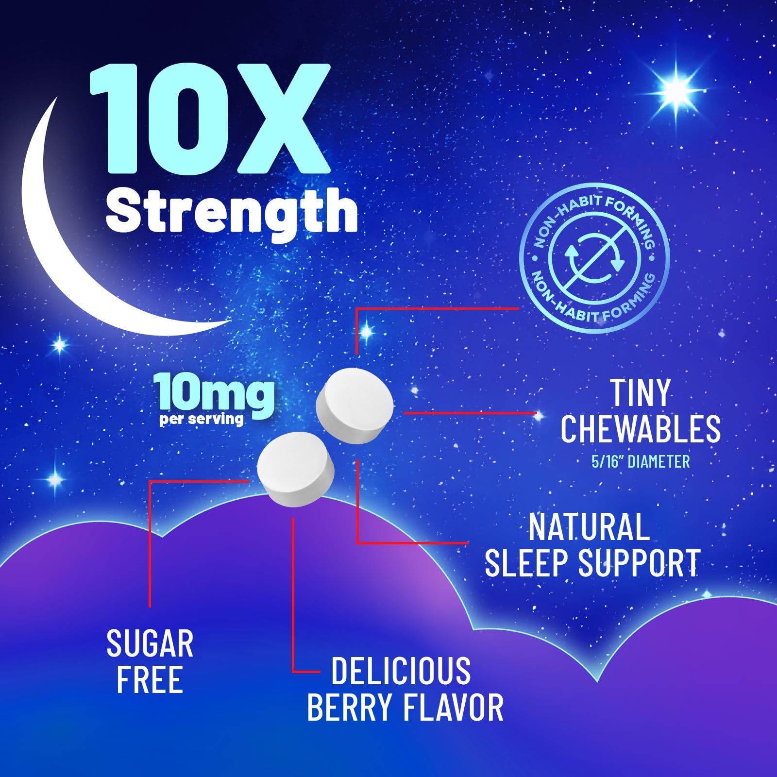 Melatonin Sleep Supplement 10mg - Maximum Strength 100% Drug Free, Non-Habit Forming - Best Sleep Supplements for Adults Restful Sleep - Fast Dissolve Melatonin, Berry Flavored - 240 Chewable Tablets — Amazon image 3
