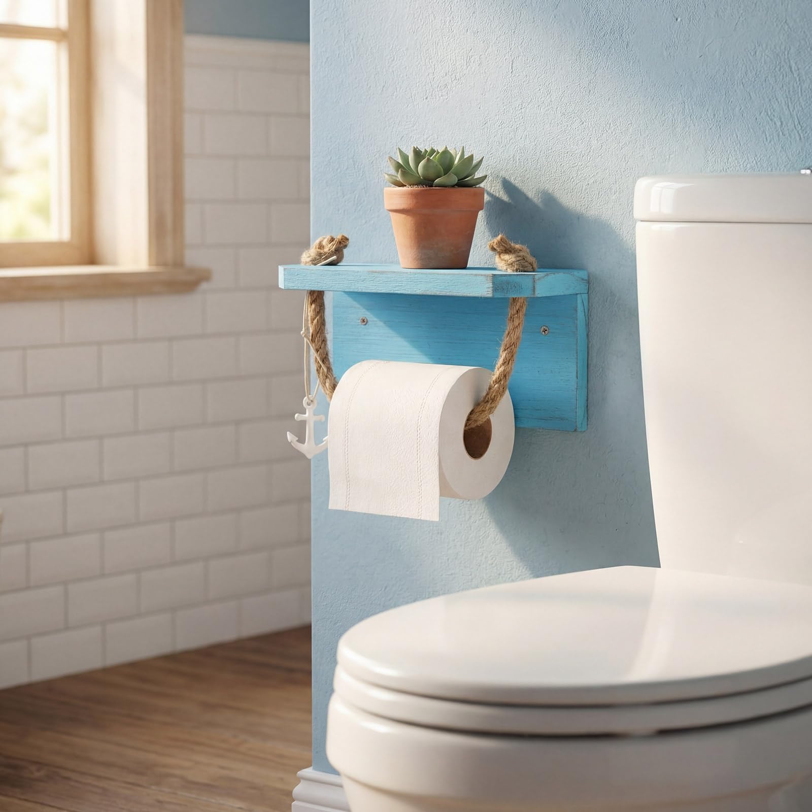 Nautical Rope Toilet Paper Holder with 4 Ocean Accessories, Classic, Blue — Amazon image 5