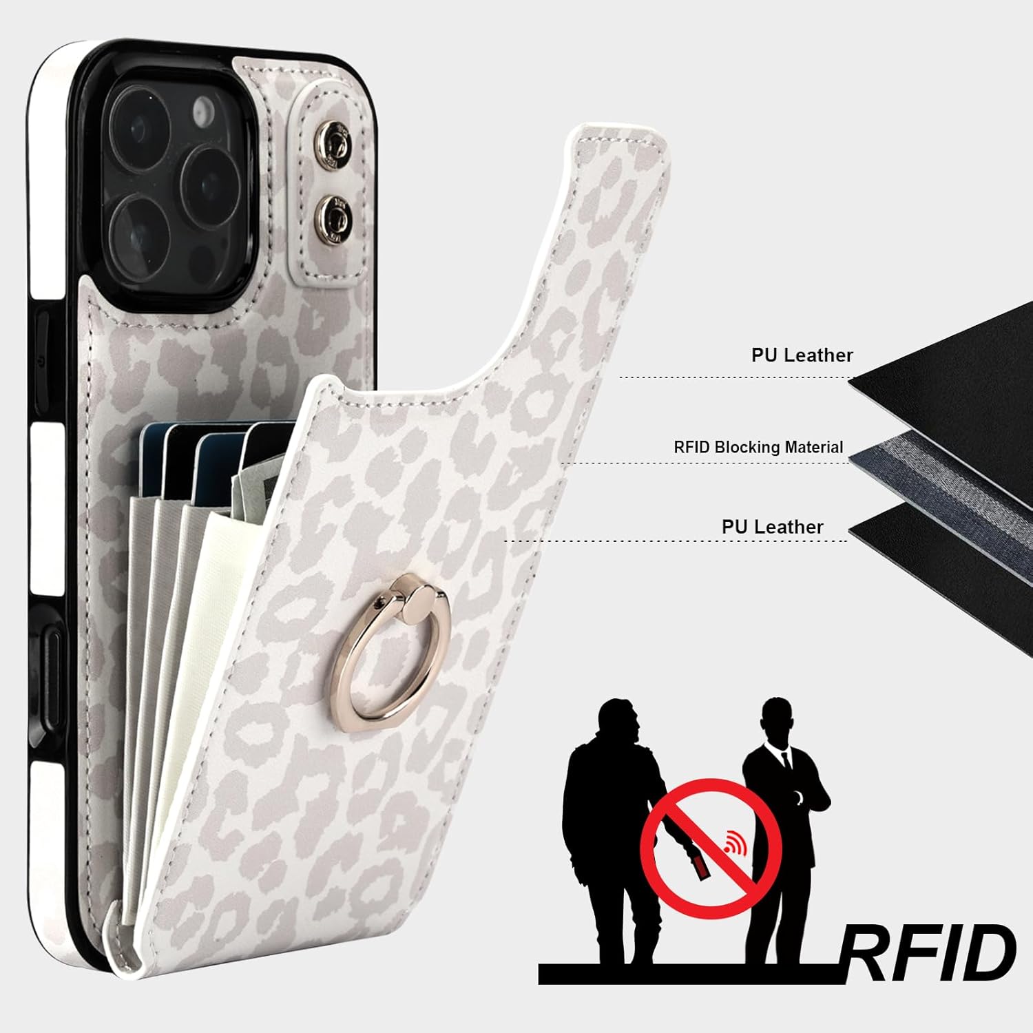 HAOPINSH for iPhone 16 Pro Max Wallet Case with Card Holder, 360°Rotation Ring Kickstand, White Leopard Pattern, RFID Blocking Leather for Girls Women, Double Buttons Protective Cover 6.9"