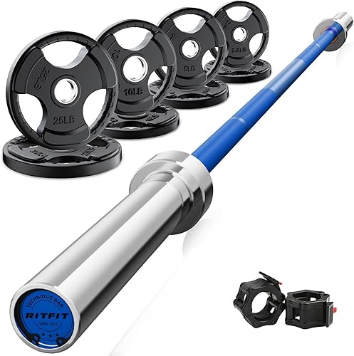 Miniatura 13 de RitFit Barbell Weight Set - 4/6FT Olympic Barbell with Weight Plates (55-115LB Total) - Weightlifting Equipment for Squats, Curls, Deadlifts,
