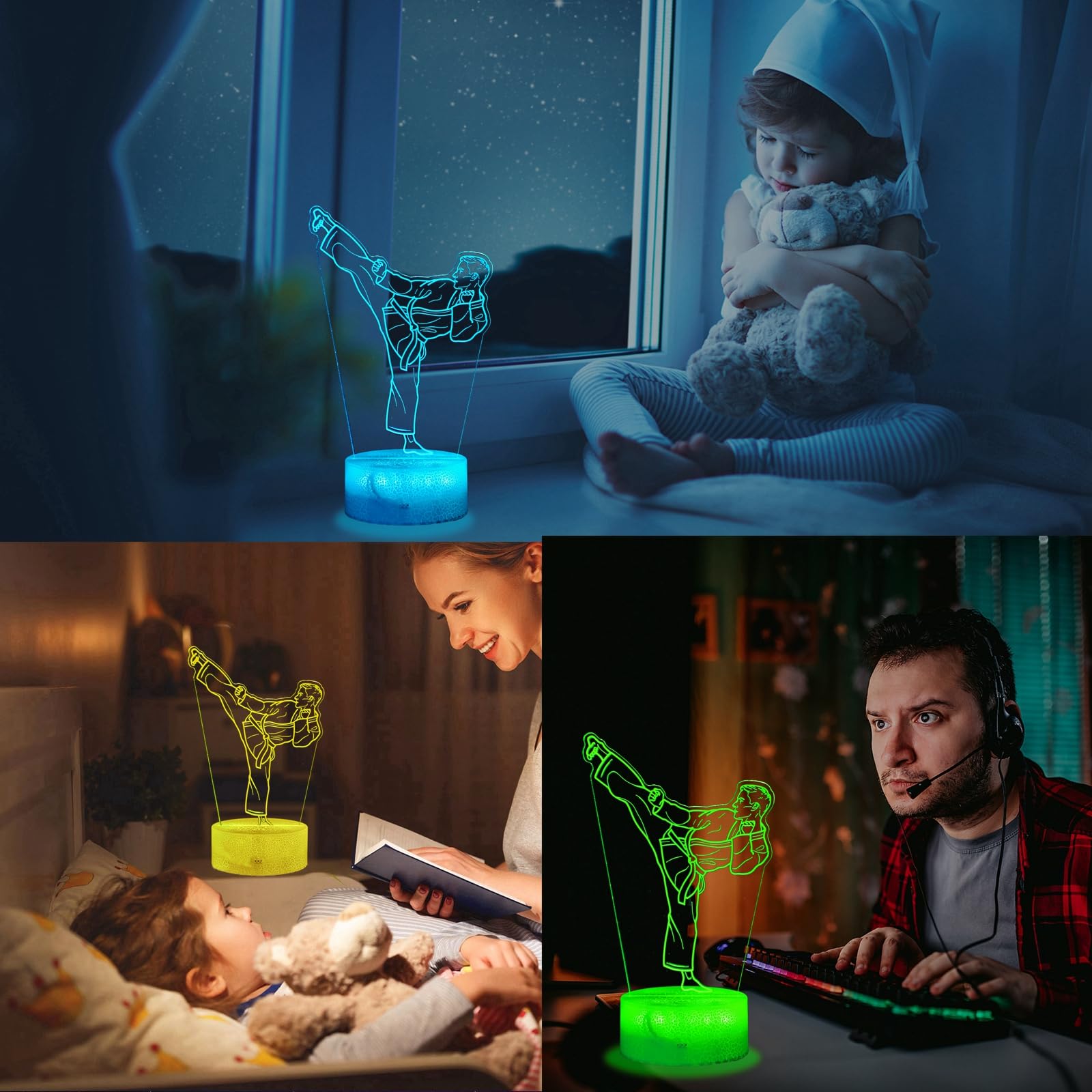 Luce notturna per karate, regali per karate, lampada a illusione 3D di Taekwondo con 16 colori cangianti, telecomando e timer dimmerabile, decorazione per la camera di bambini e bambine