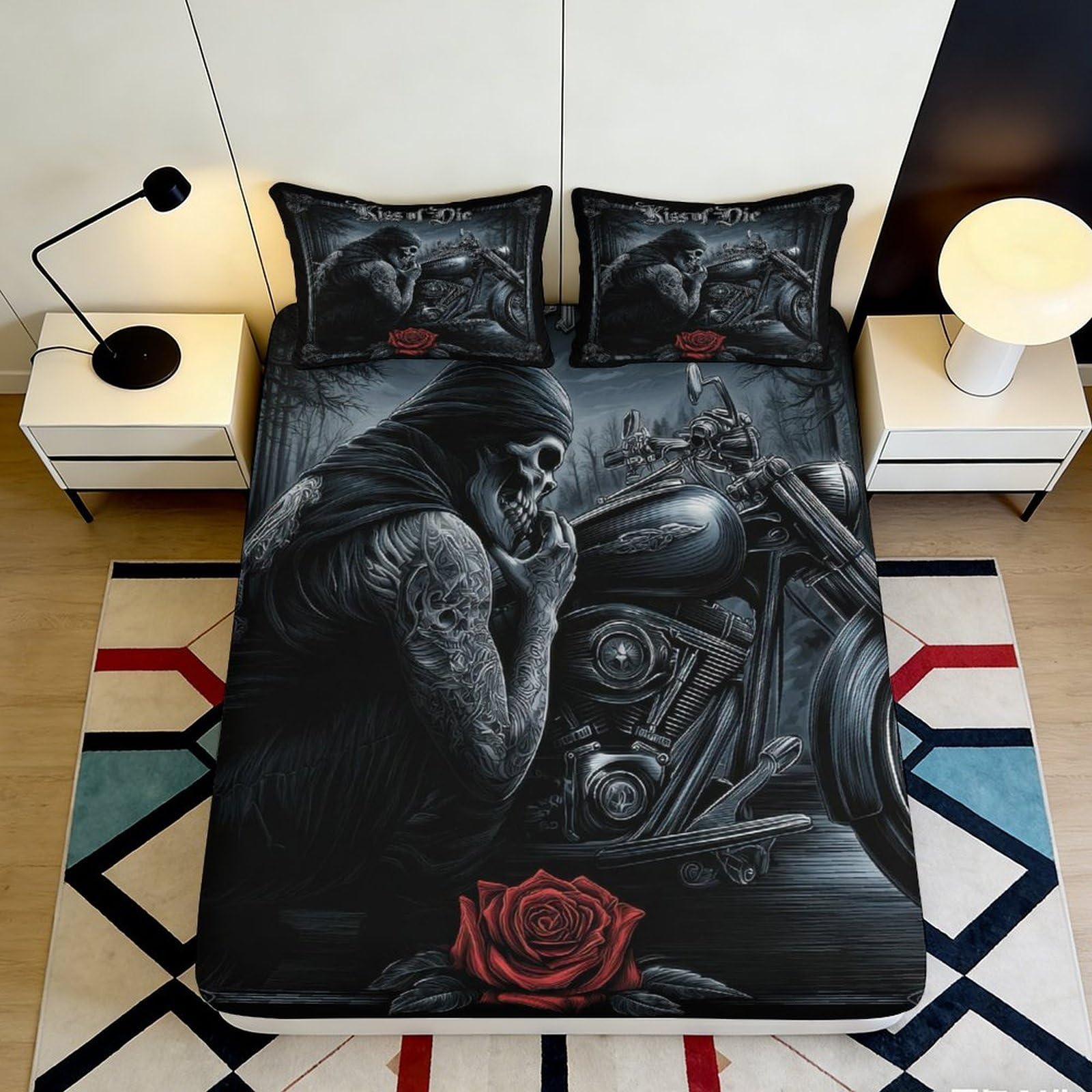 Jqzkxnhpbr Style-5 3D Printed Skull Rose Fitted Sheet Microfiber Black Gothic Motorcycle Mattress Cover Bedroom Decor Easy Care 90X200x25cm