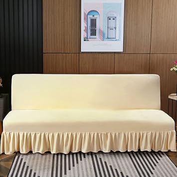 Sofa Cover,Armless Sofa Bed Cover with Ruffle Skirt, Thick Soft Velvet Fabric Futon Slipcover Furniture Protector with Elastic Bottom for Living Room-Beige-Large