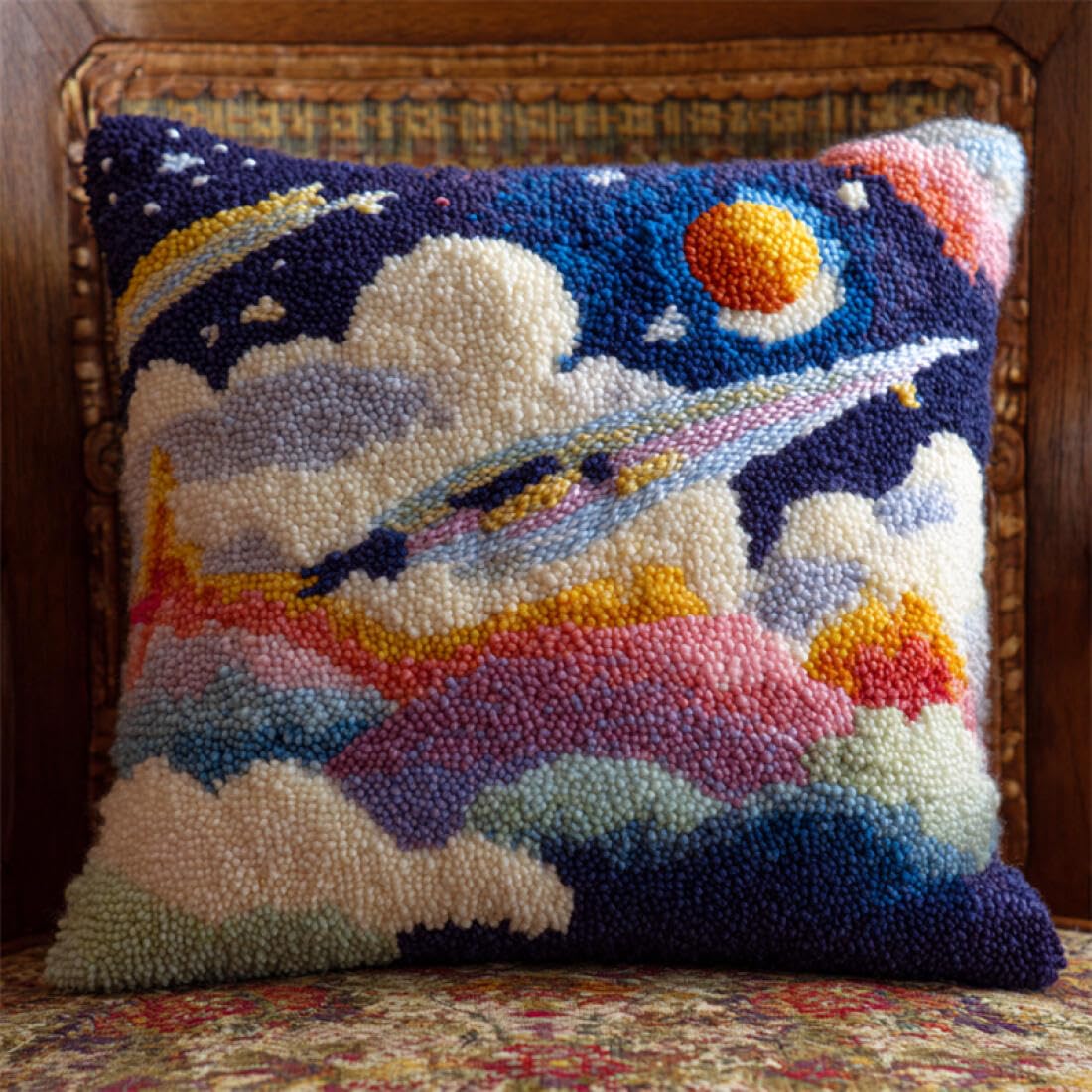 Kitquiver Latch Hook Cushion Kits Cartoon Starry Sky DIY Latch Hook Kits Pattern Printed Throw Pillow Case Cushion Cover for Adults and Beginners 17x17In