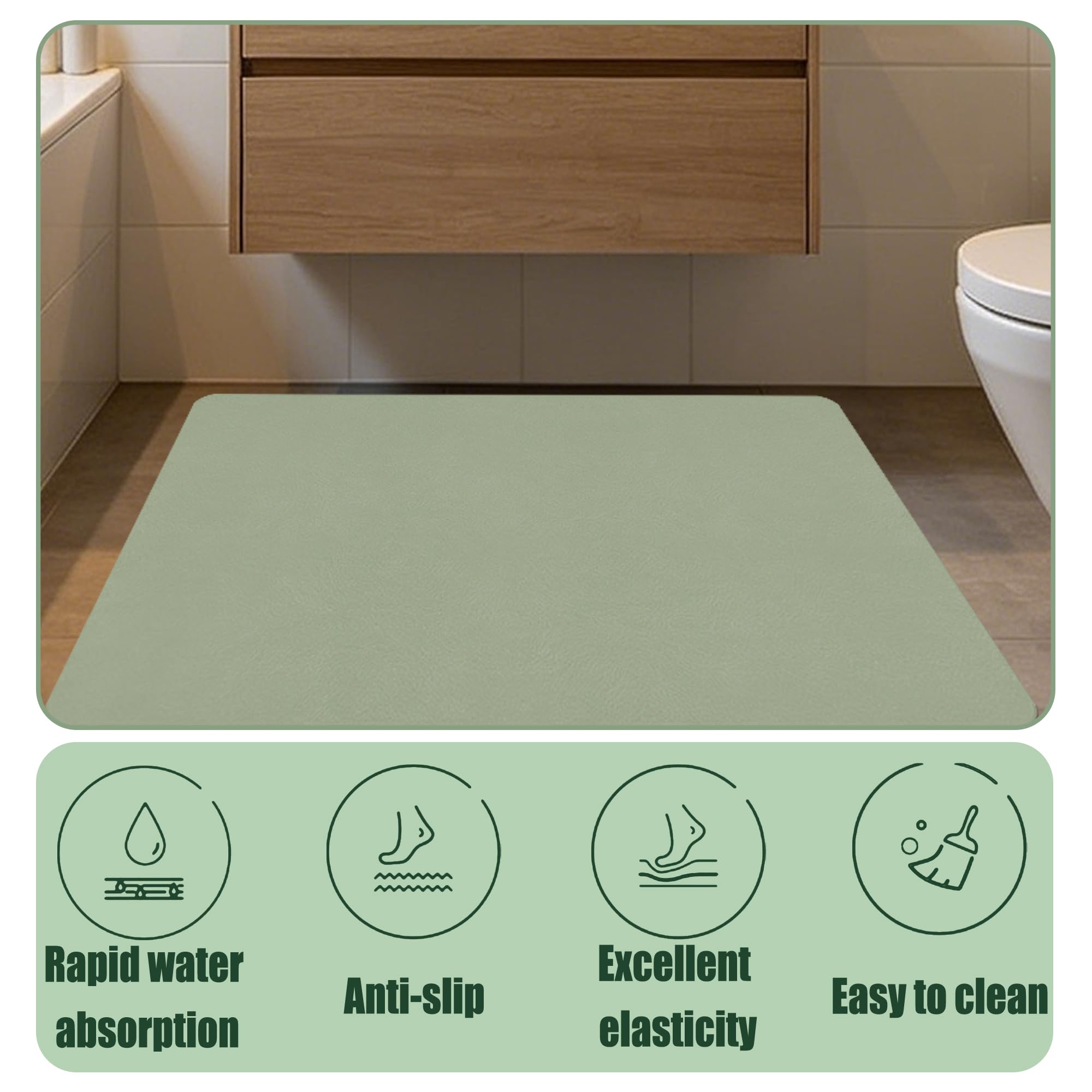 Tapis de Bain Diatomite Antidérapant 115 x 135 cm Super Absorbant Tapis de Bain Antidérapant Facile à Nettoyer pour La Salle de Douche, Baignoire Ou comme, Vert