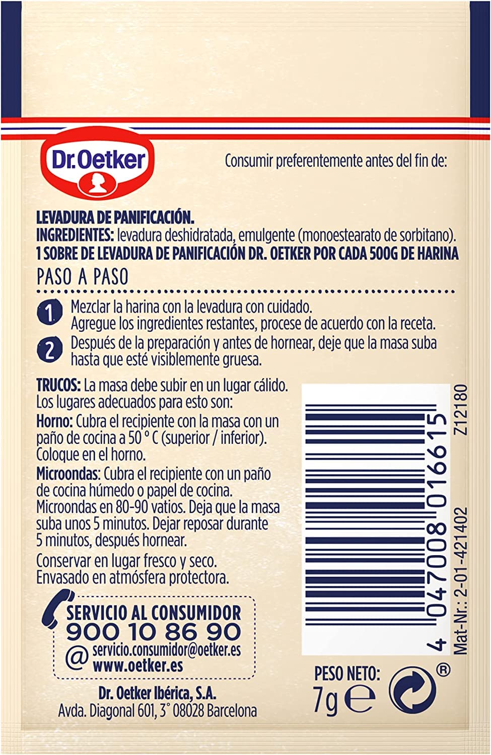 DR. OETKER Levadura de Panadería 35 g, Levadura Seca Liofilizada, Caja 5 Sobres 7g