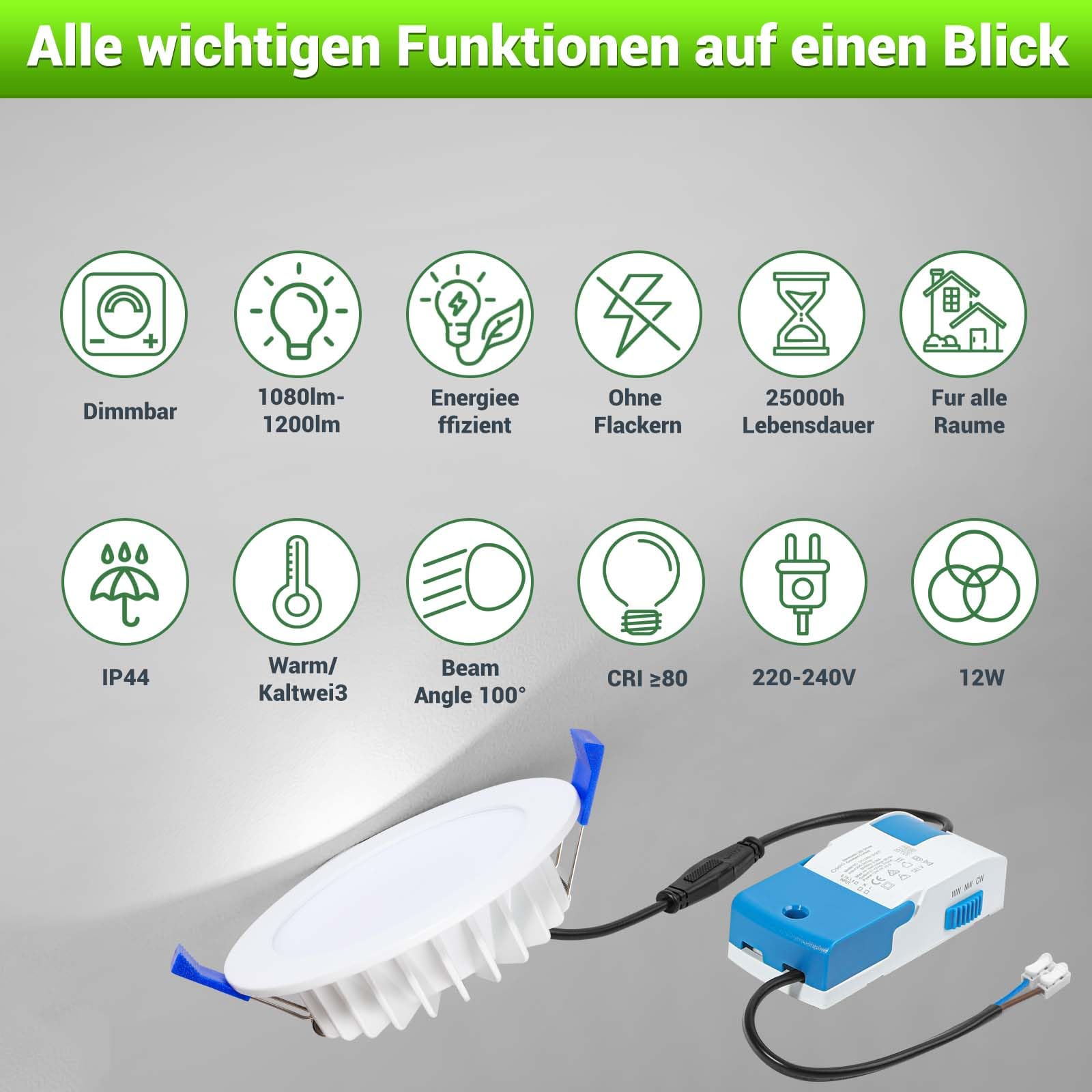 Oseia LED Einbaustrahler 230V, 12W 1200lm, Ultra Flach, IP44, Dimmbar, 3 Farbtemperaturen (3000K/4000K/6000K), Einbauspots Decke für Bad & Küche, 6er Set