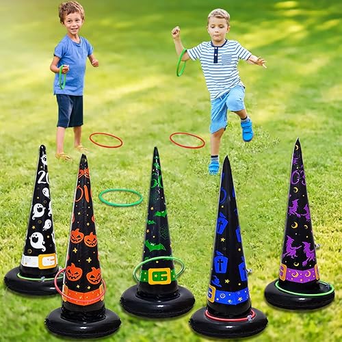 Miniatura 7 de Poptrend Juego de 5 piezas de sombrero de bruja inflable de Halloween con bomba de aire, juegos de juguetes para niños y adultos, decoraciones