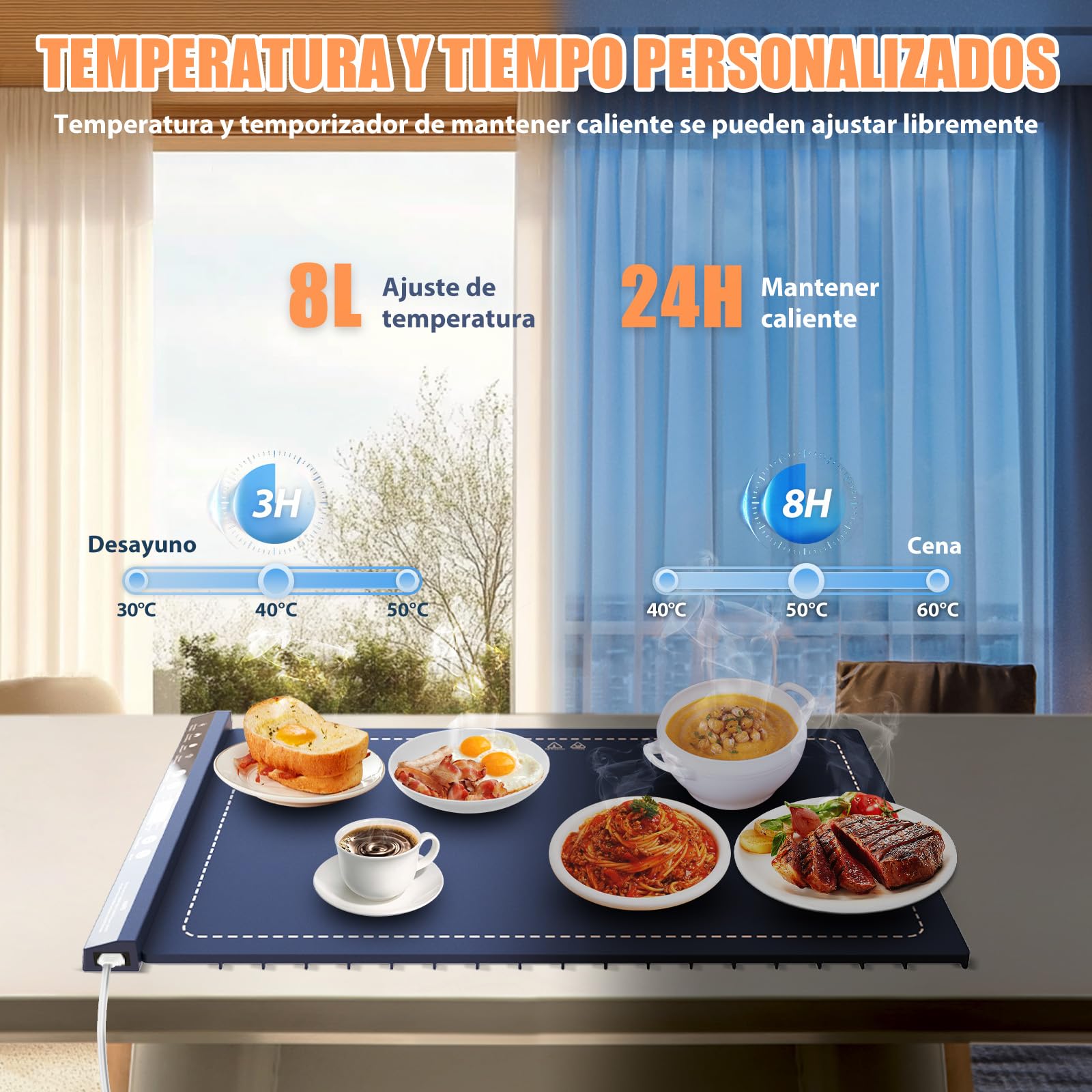 Grande Bandeja Calentadora Eléctrica, Bandeja Calienta Platos para Alimentos con 8 Ajustes de Temperatura, Bandeja Calentadora para Temporizador de 24 horas, Cerradura de Seguridad