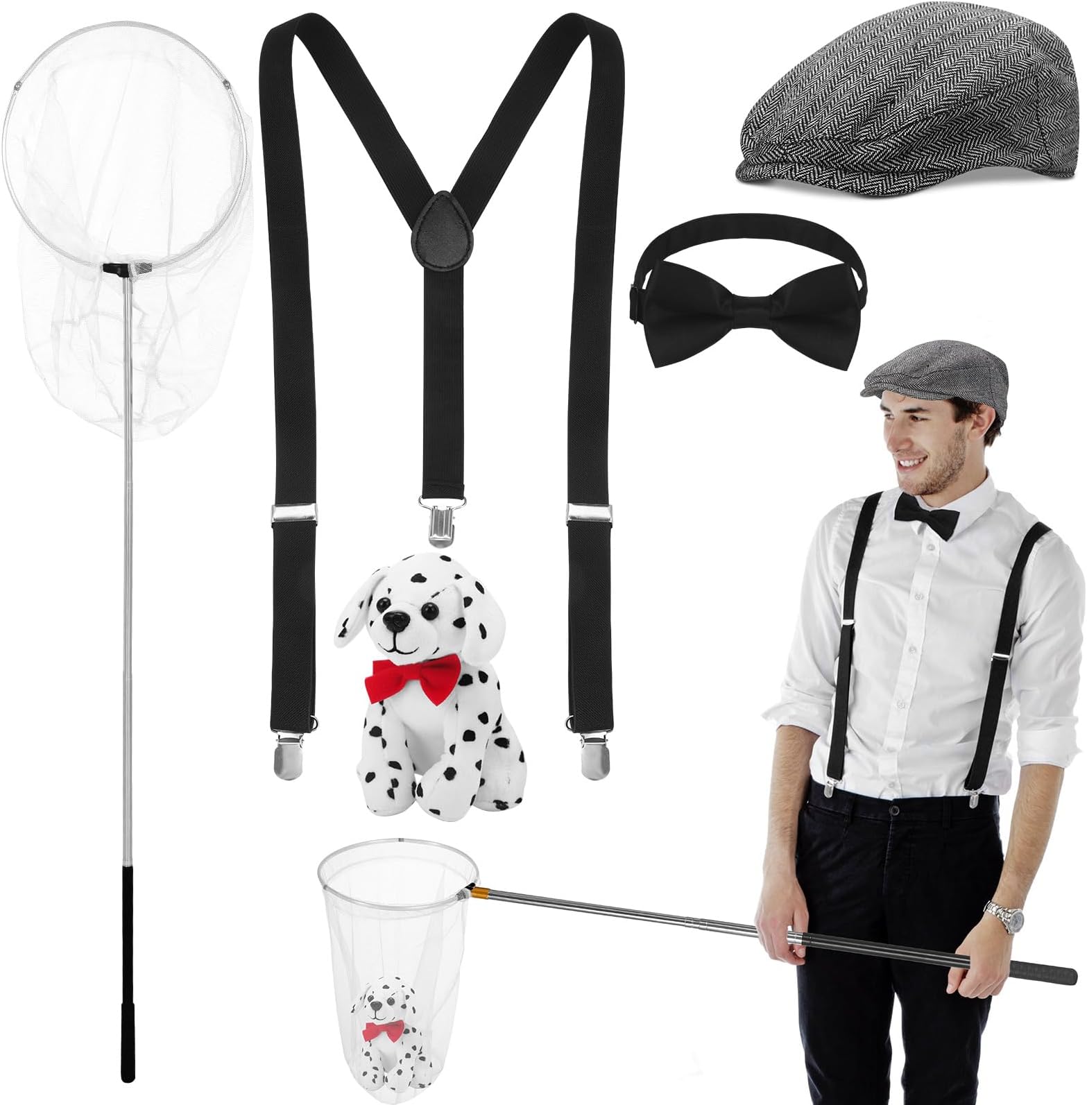 Mepase 5 Pcs Halloween Dog Catcher Costume Kit Dalmatian Dog Catcher Costume for Adult Couple Men Halloween Cosplay Party