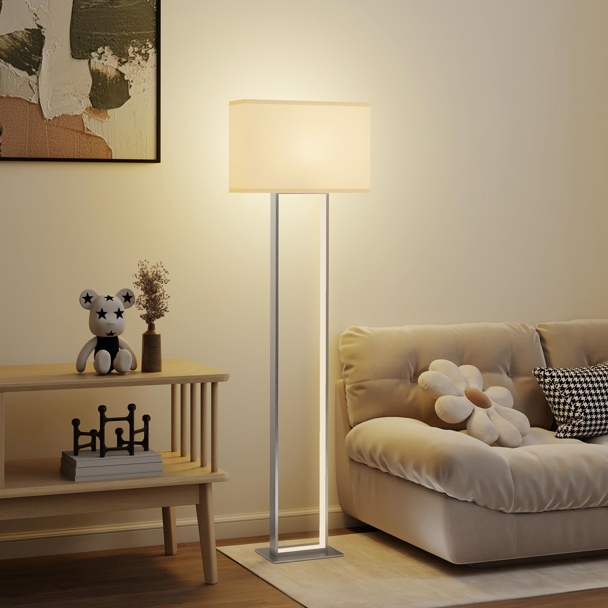 HOMCOM LED Stehlampe Wohnzimmer Stehleuchte mit Leinen-Lampenschirm, minimalistische Standleuchte Nachtleuchte für Schlafzimmer Weiß