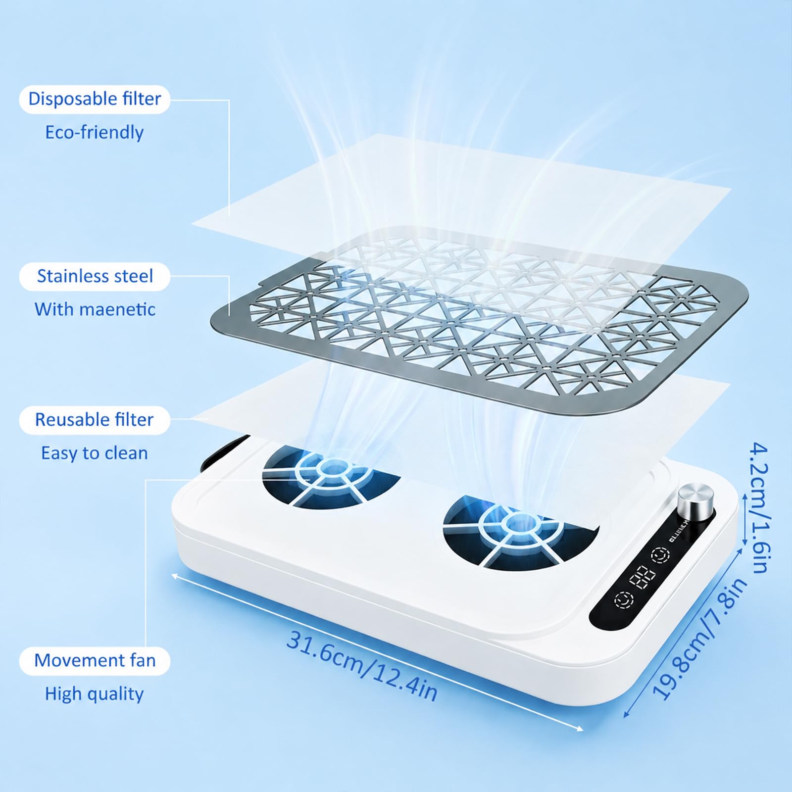 Aspirador de Polvo para Uñas Profesional 8000RPM, Aspirador Uñas con 10 Niveles de Velocidad Regulables & Pantalla LED, Extractor de Polvo para Manicura con Filtro, Silencioso para Salón y Casa