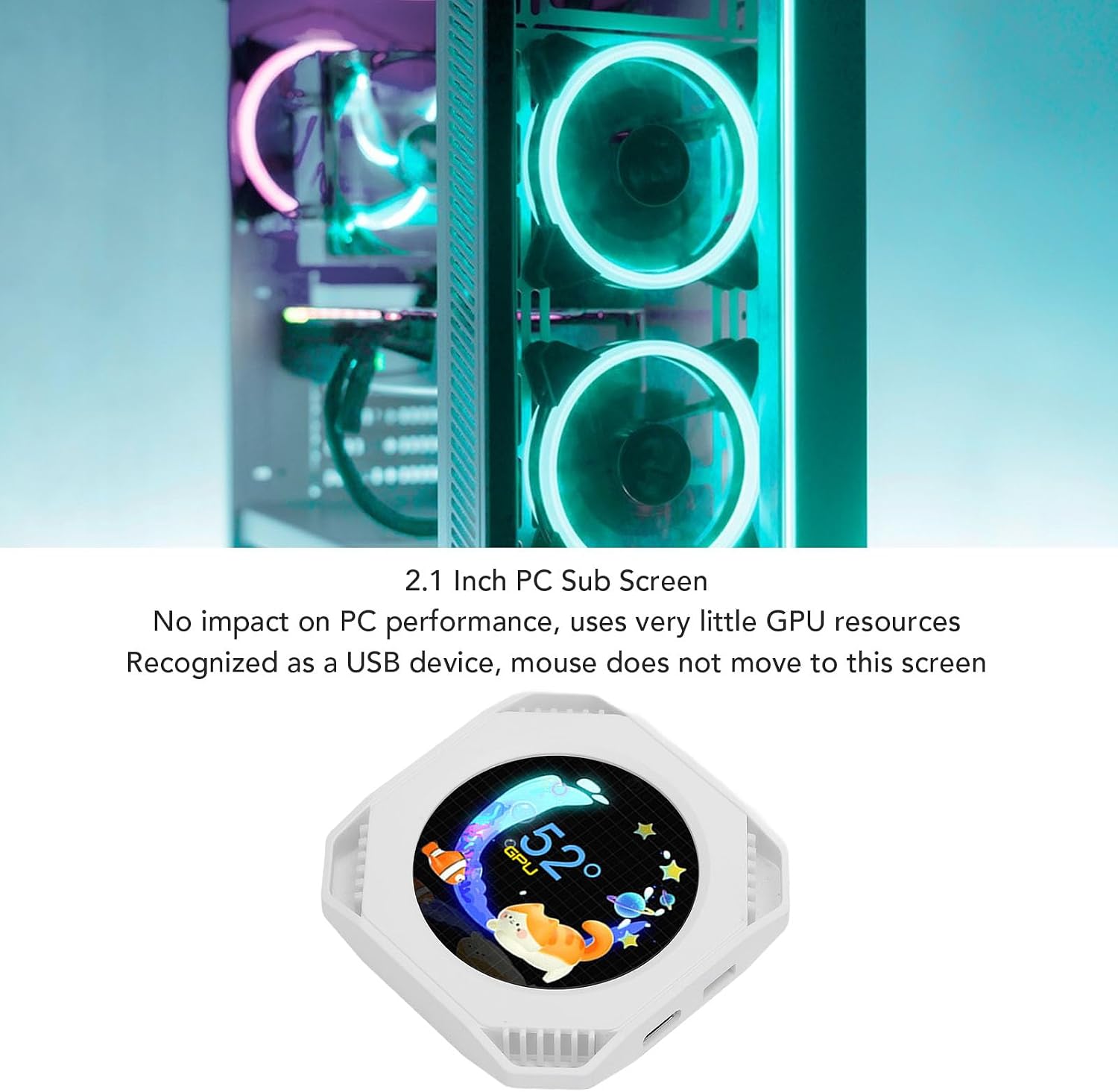 2.1inch CPU GPU Cooler Round LCD Display, USB C Desktop RGB Ambient Screen, DIY Dynamic Theme Water Cooler Screen, Computer Temp Monitor for PC Case DIY Building Laptop Computer (Black) (White)