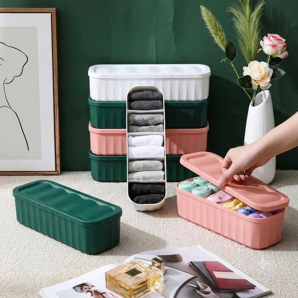 NXTBUY 5 Compartment Wardrobe Organiser with Lid Set of 4 | Stackable Design With Lid, For Socks & Innerwear, Closet & Drawer Use, Plastic Storage Box, Baby Clothes & Ties-image-21