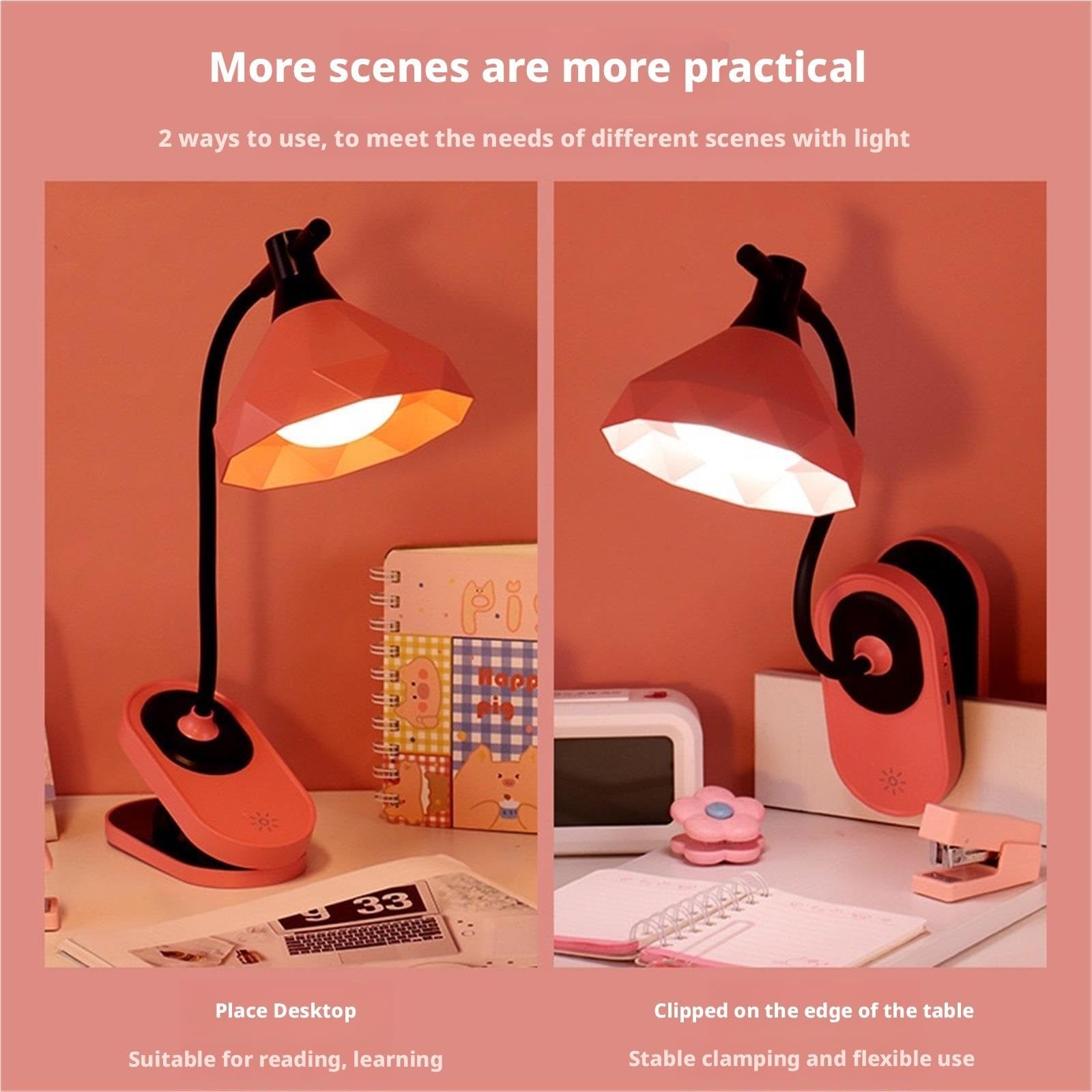 Lampara Escritorio para Oficina Lámpara De Escritorio Recargable con Abrazadera Y Control Táctil LED Regulable 3 Niveles Moderno Flexo Escritorio(Pink)