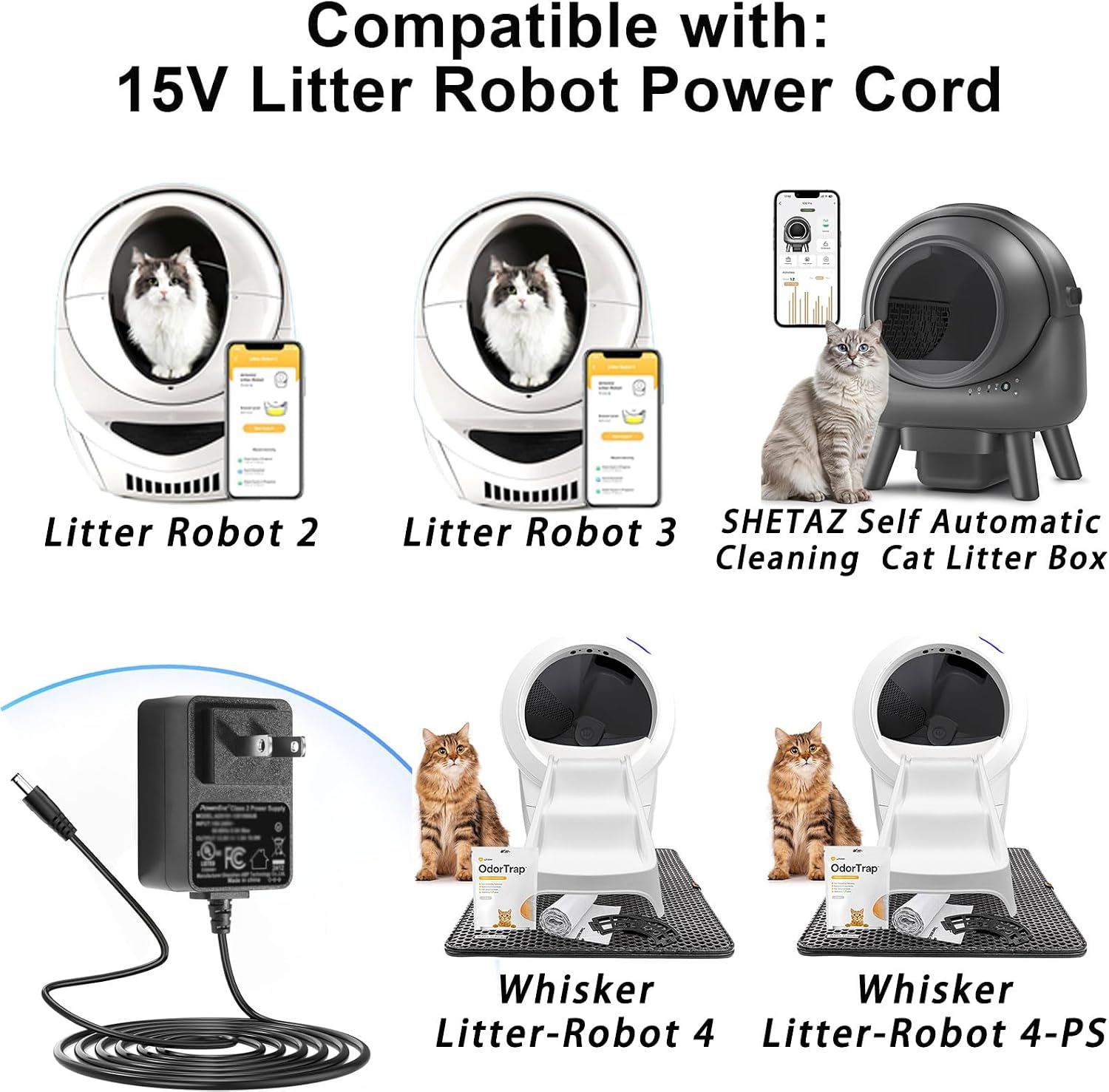 15V1A Power Supply Adapter Compatible with Litter Robot2 3 4 Open Air Self Cleaning Cat Litter Box, Litter Robot Power Supply,Litter Robot Power Cord 6.6FT (DC 5.5mm x 2.1mm/5.5mm x 2.5mm Plug)
